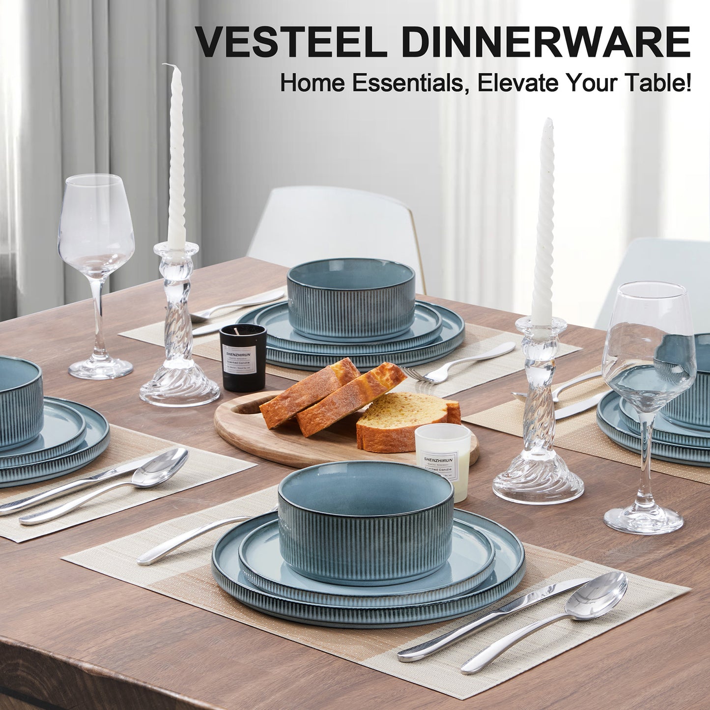 Vesteel Dinnerware Set for 4, 12-Piece Premium Stoneware Ribbed Dishes with Reactive Glaze, Chip & Scratch Resistant Plates and Bowls Set for Home Restaurant, Microwave Safe - Smoky Blue