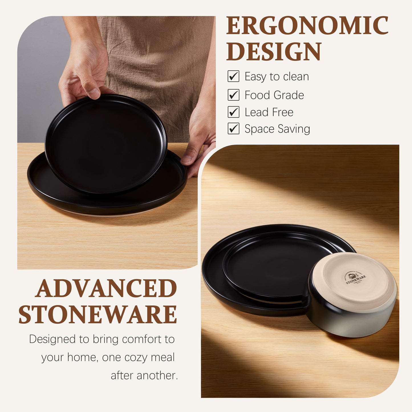 Vesteel Stoneware Dinnerware Sets for 2, 6 Pieces Ceramic Plates and Bowls Sets, Elegant Dishes with Rustic Terracotta Base, Dishwasher & Microwave Safe, Scratch Resistant, Matte Black