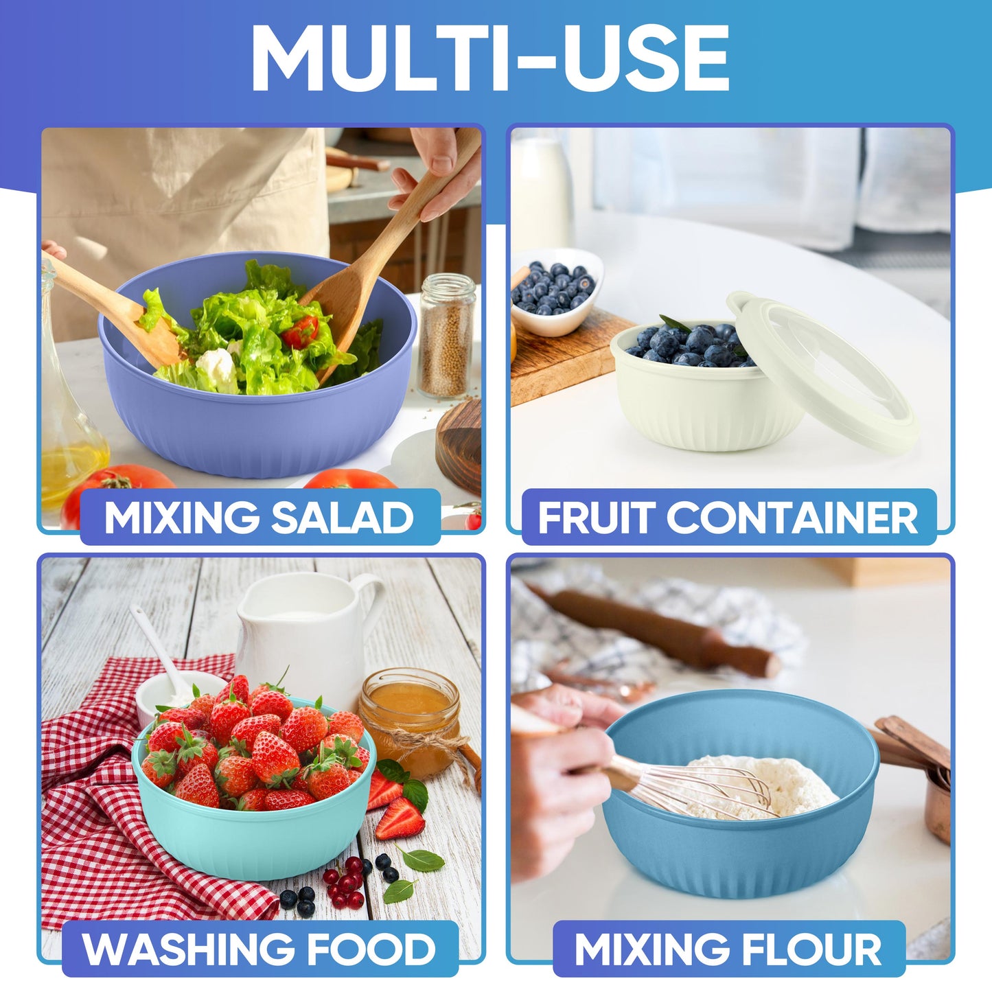 Vesteel 8Pcs Mixing Bowl Set with Lids, Nesting Plastic Bowls for for Mixing Serving Preparing Storage, Kitchen Prep Bowls, Dishwasher Safe, Blue