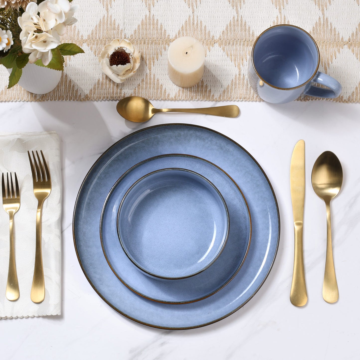 Onader 12 Piece Dinnerware Sets, Plates and Bowls Set for 4, Handmade Stoneware Dishes Sets for Home Restaurant, Dishwasher & Microwave Safe - Gray Blue