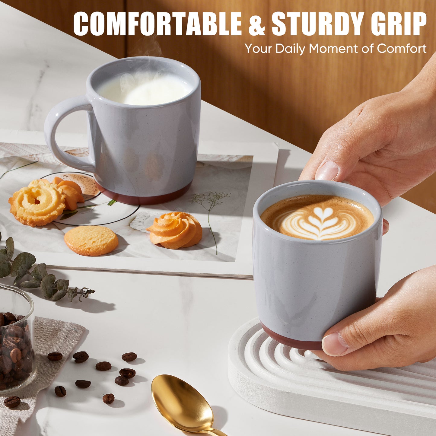 Vesteel Coffee Mugs Set of 4, 12oz Ceramic Coffee Cup with Handle, Modern Stoneware Mugs for Latte, Cappuccino, Cocoa, Dishwasher & Microwave Safe, Light Grey