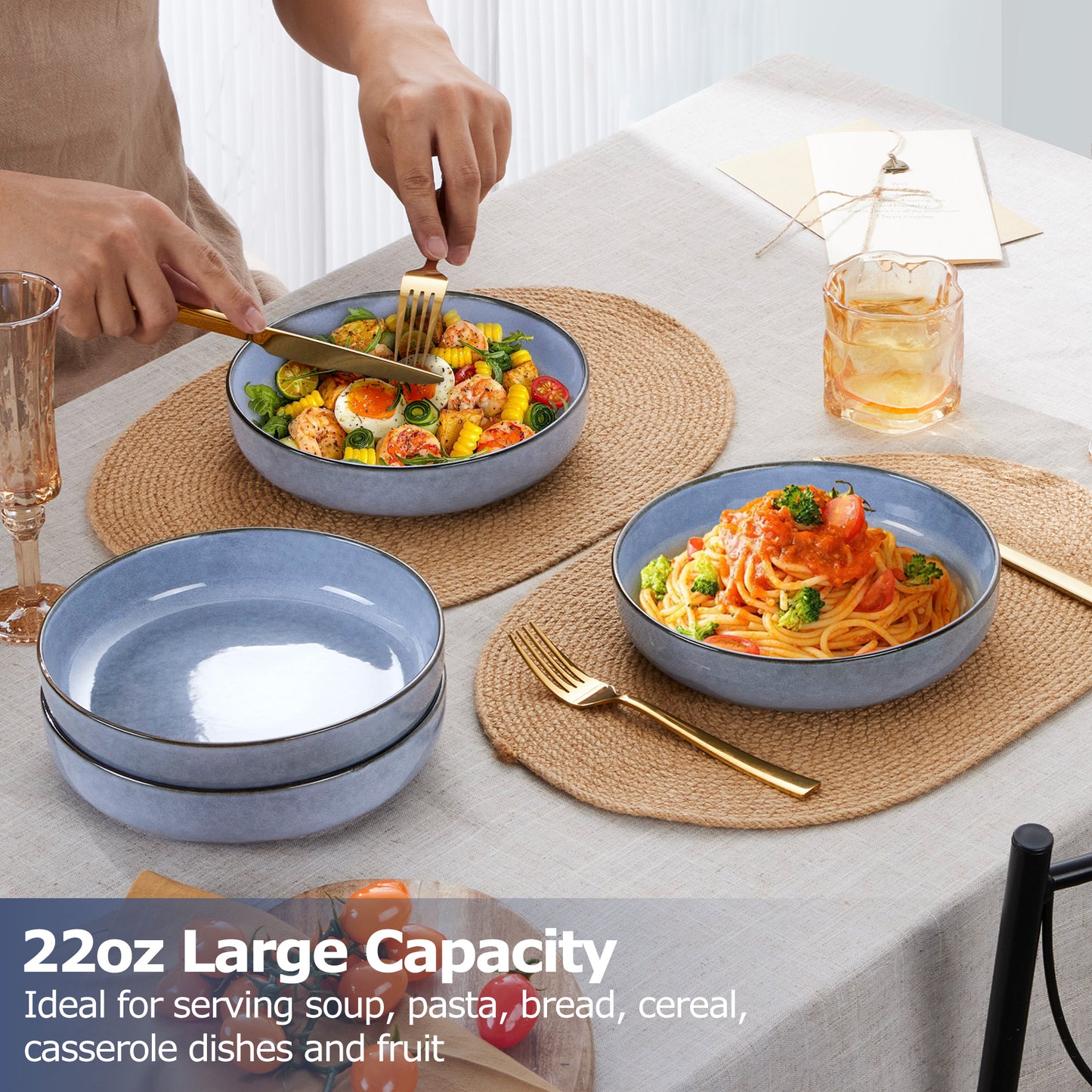 Vesteel Pasta Bowl Set of 4, 22oz Stoneware Salad Pasta Serving Bowls for Soup Dinner Cereal, Microwave & Dishwasher Safe, Grayish Blue