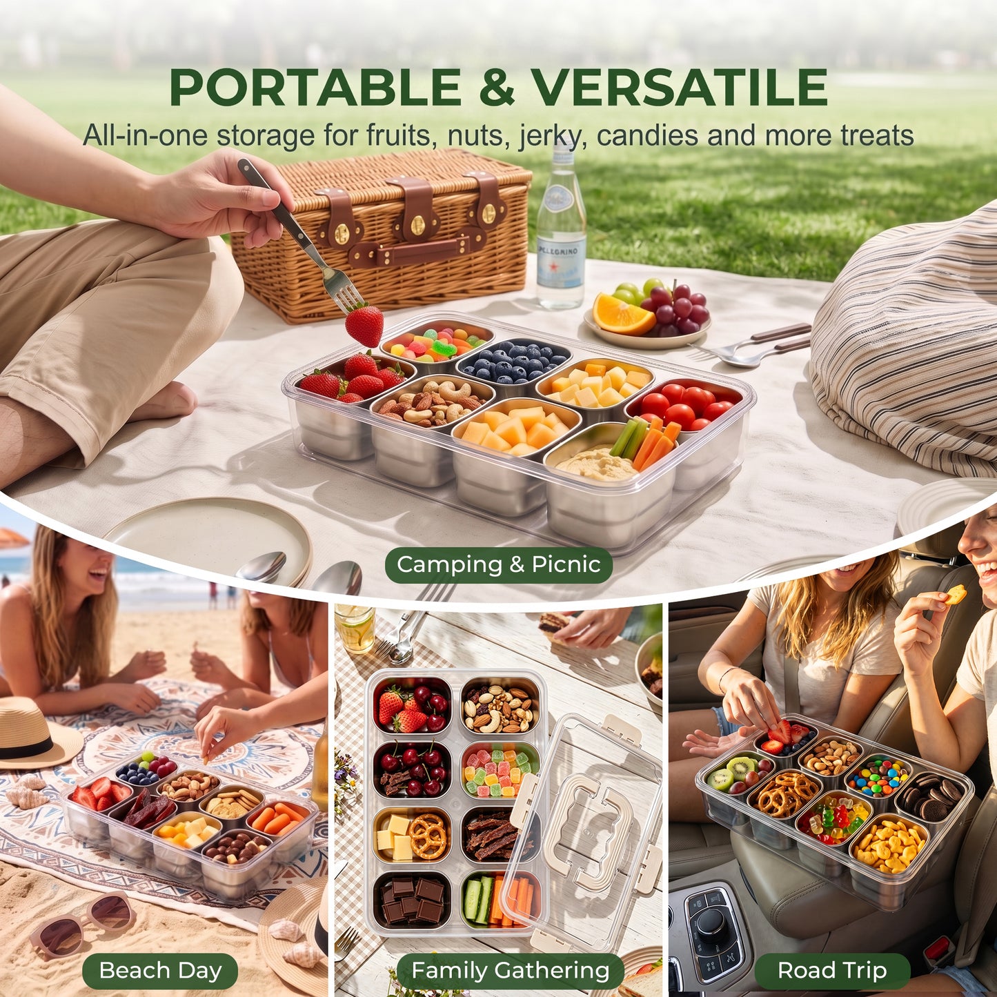 Vesteel Stainless Steel Snackle Box Container, 8-Compartment Divided Tray with Lid and Handle, Portable Snack Container for Fruit Candy Nuts, Snack Serving Platter for Beach Travel & Picnic