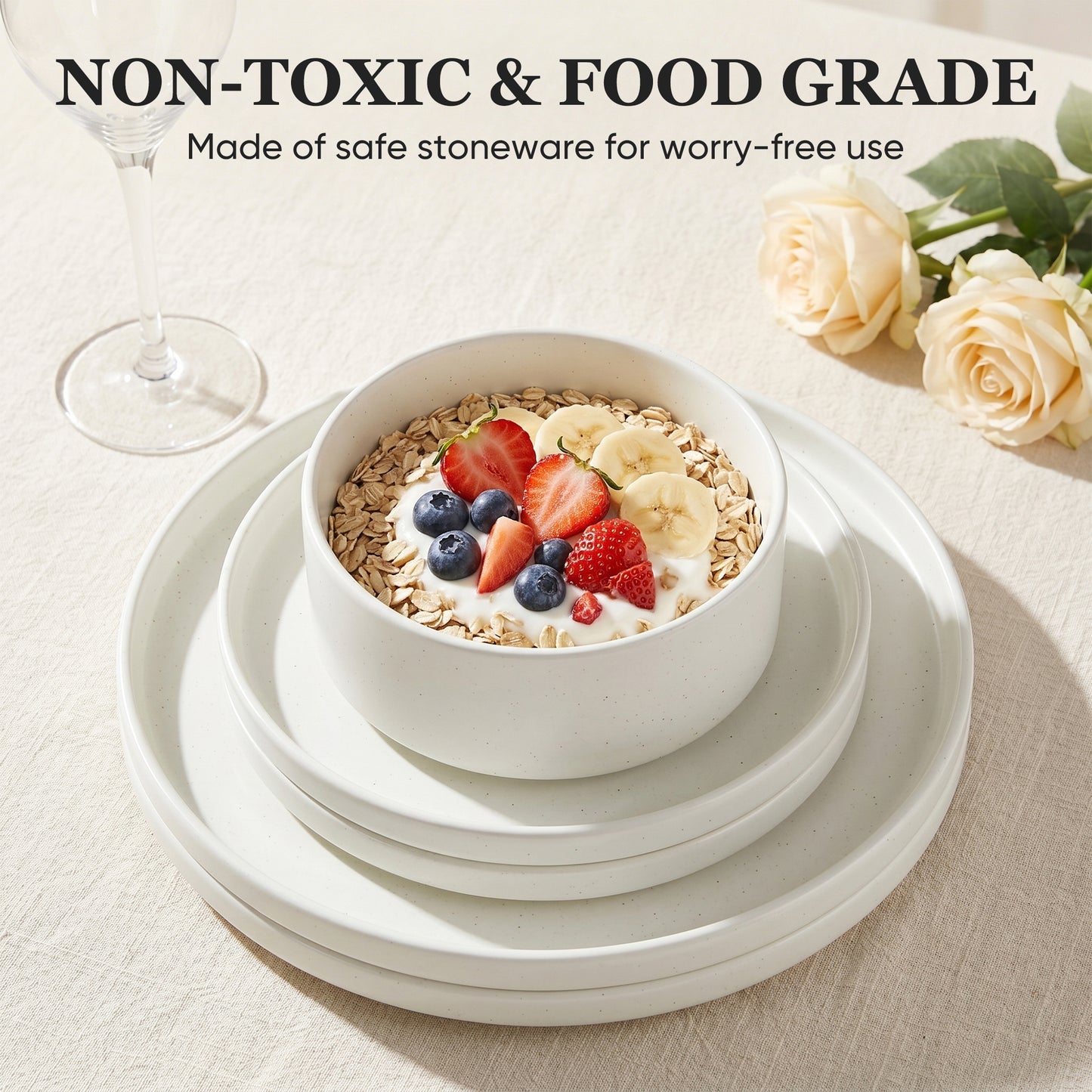 Onader 8-Piece Stoneware Dinnerware Set, Speckled Plates and Bowls Sets for the Kitchen, Microwave & Dishwasher Safe, Seashell White Speckle