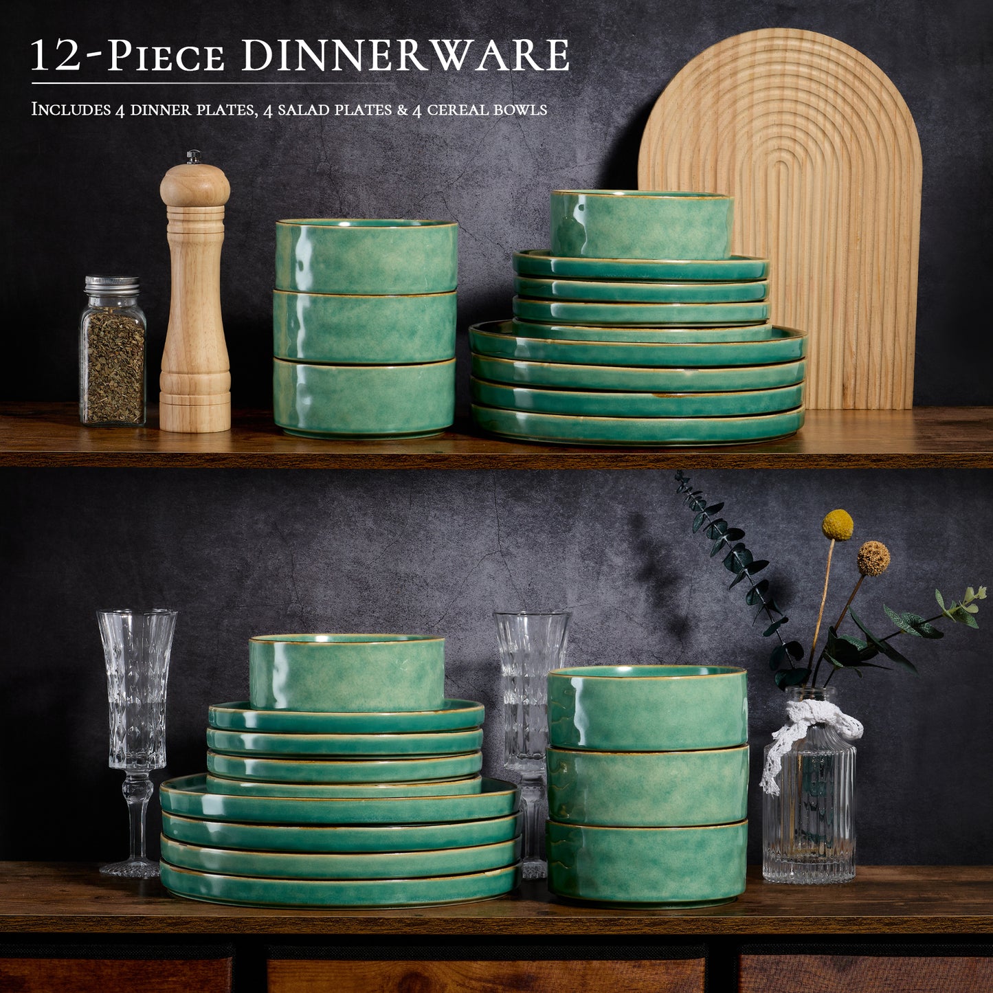 Vesteel Dinnerware Sets, 12-Piece Stoneware Plates and Bowls Set, Dishes Set for 4, Elegant Ceramic Dinnerware for Home Restaurant - Jade Green