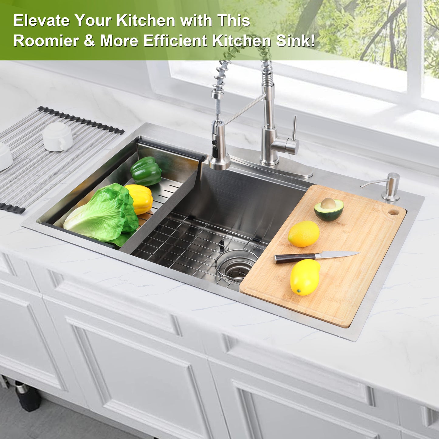 Vesteel Workstation Kitchen Sink, 33” x 22” Drop In Stainless Steel Single Bowl Sink Basin, Topmount Sink include 4 Sink Accessories