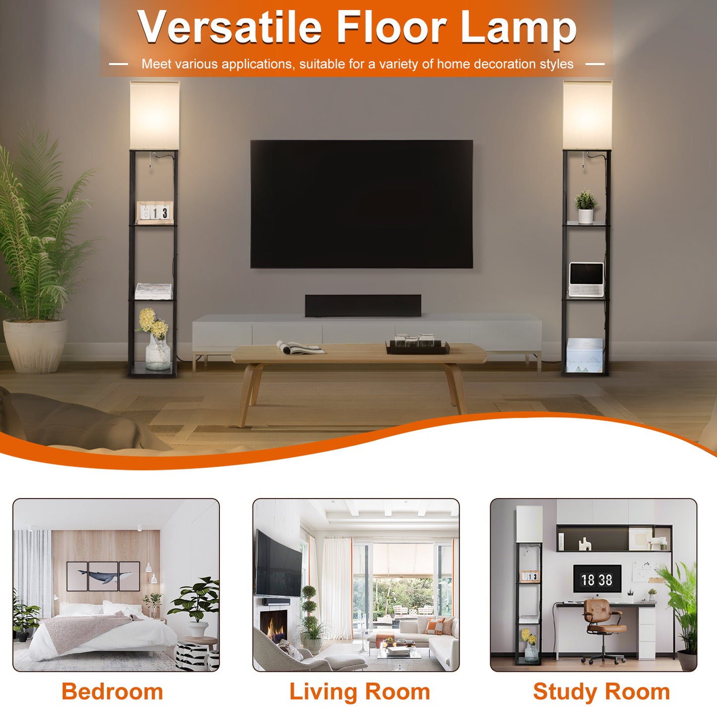 Vesteel Floor Lamp with 3-Tier Shelves, Standing Lamp with 3 Color Adjustable LED Bulb, Modern Square Lamp for Living Room Bedroom Office Kid Room