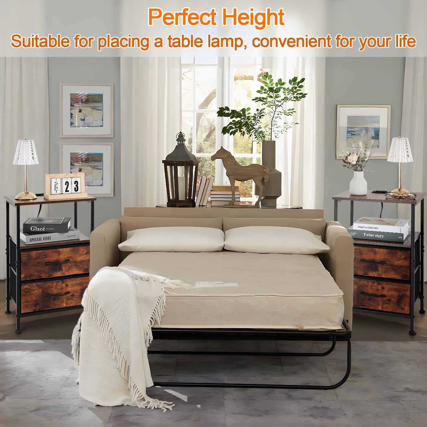 Vesteel Night Stand With Charging Station, Bed Side Table with 2 Fabric Drawers & 2-Tier Shelves, End Table with Sturdy Steel Frame for Bedroom Office Hallway Living Room - Rustic Brown