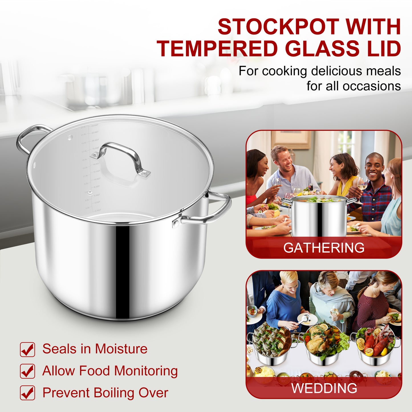 Vesteel 24 QT Stock Pot with Lid, Stainless Steel Large Cookware for Stewing Simmering, Tri-ply Bottom for Induction Gas Electric Stove, Heavy Duty & Food Grade