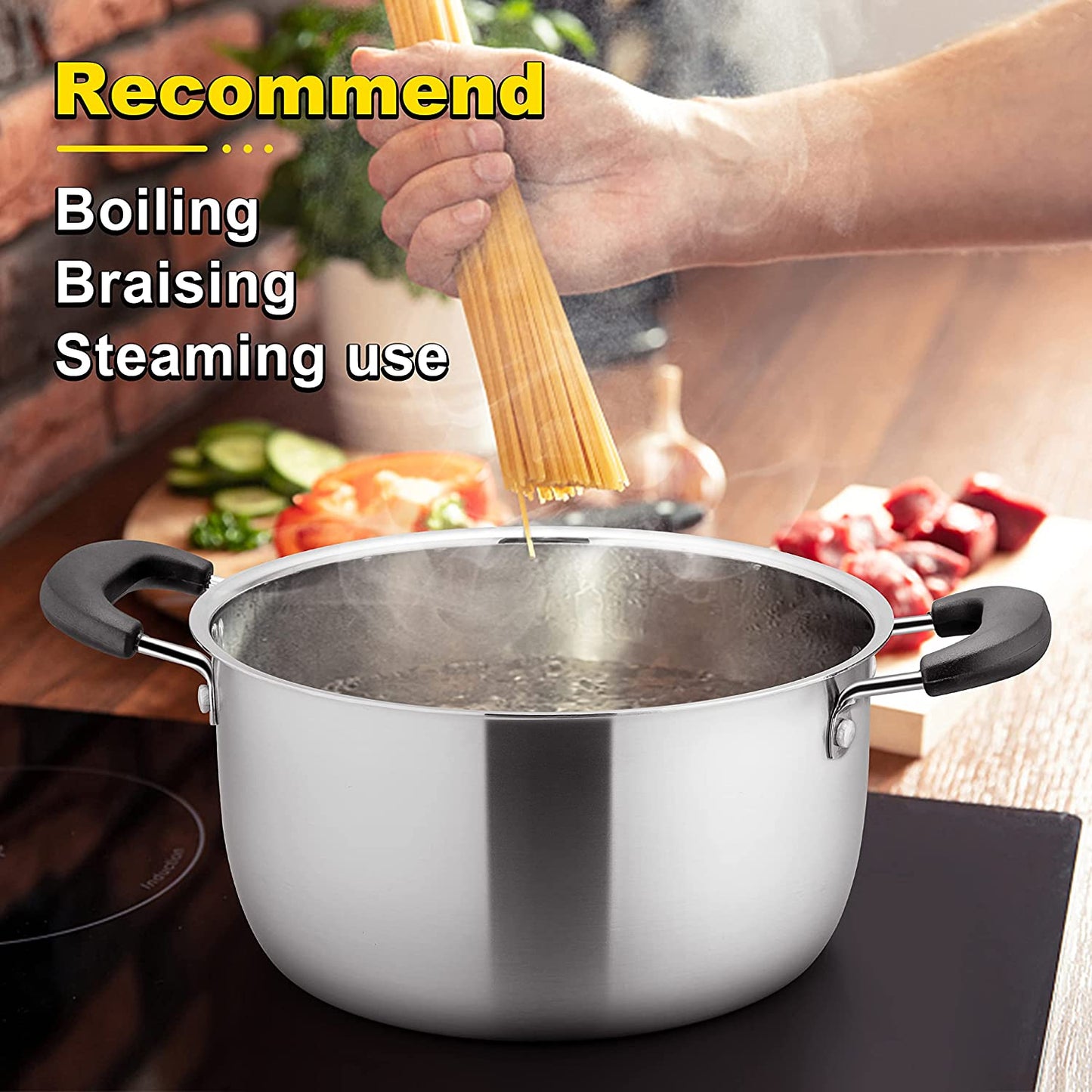 VeSteel 4 Quart Stock pot with Lid, Stainless Steel Soup Pasta Pot, Heat-Proof Double Handles - Dishwasher Safe