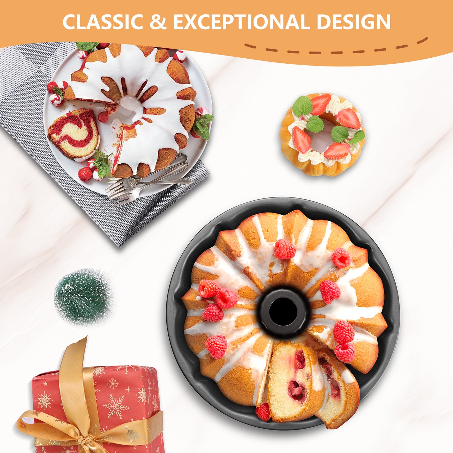 Vesteel 2 Pack Bundt Cake Pan, 10" Nonstick Fluted Cake Pans for Baking, 10 Cups Heavy Duty Carbon Steel Tube Round Cake Mold for Brownie, Pumpkin Bread, Durable & Easy Release, Grey