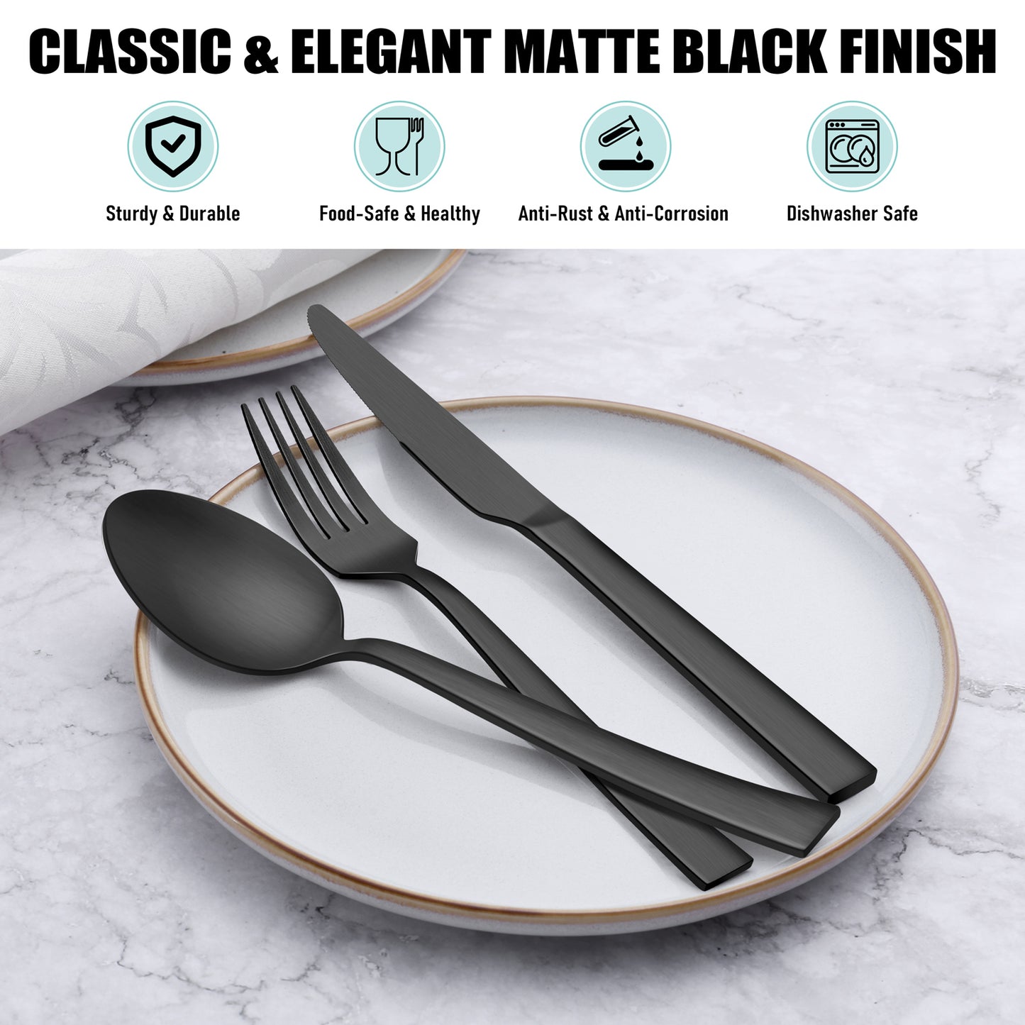 VeSteel 45Pcs Matte Black Silverware Set with Serving Utensils, Stainless Steel Flatware Set Service for 8, Metal Cutlery Eating Utensils Tableware Includes Forks/Spoons/Knives/Hostess Set