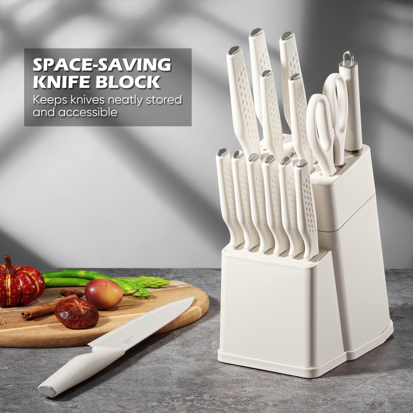 Vesteel Knife Block Set for Kitchen, 15-Piece High Carbon Stainless Steel Knives Set with Ergonomic Handle, Ultra-sharp & Rust Resistant, White