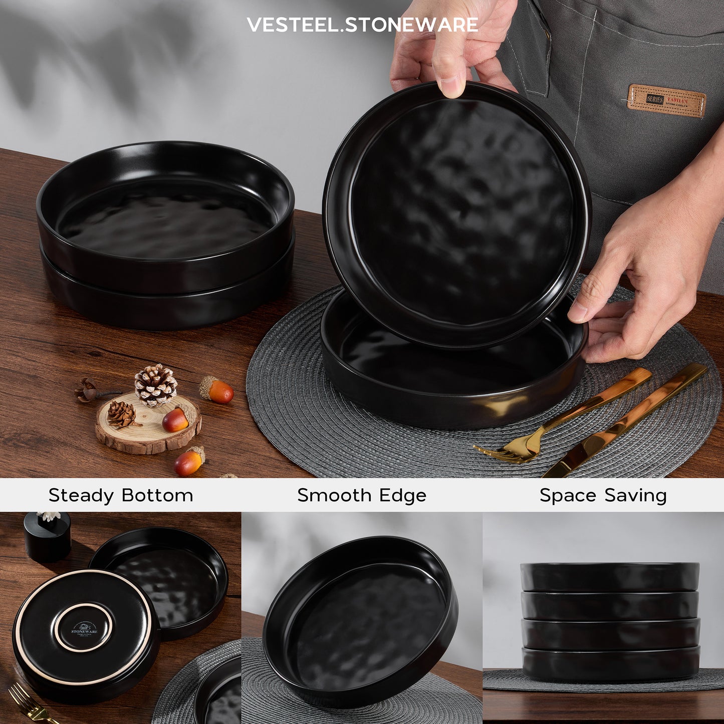 Vesteel Pasta Bowls Set of 4, 32oz Stoneware Salad Bowl, Large Dinner Bowls for Eating Serving Soup Noodle Pasta, Microwave & Dishwasher Safe, Matte Black