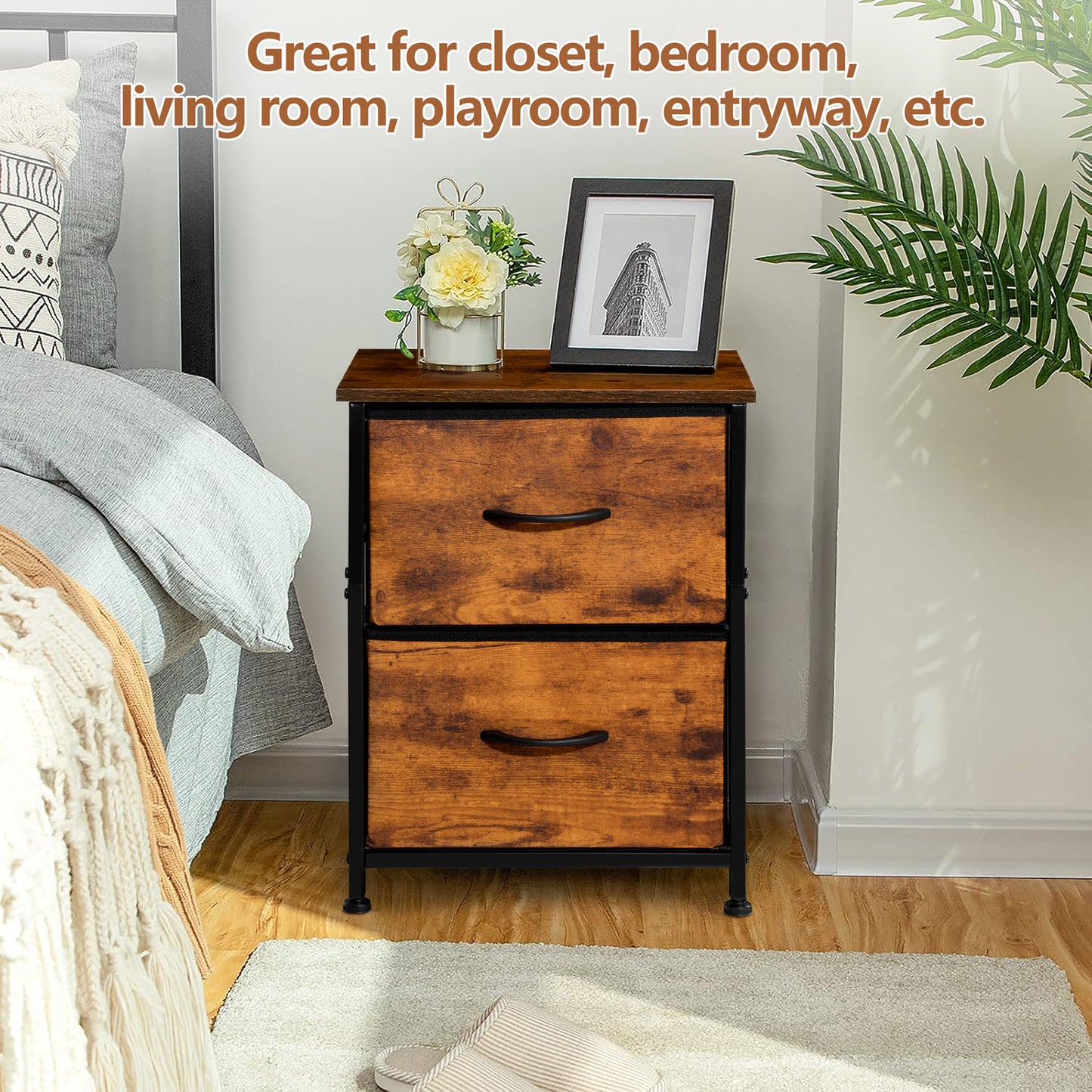 Vesteel Nightstand, 2 Drawers Dresser with Wood Top and Sturdy Steel Frame, Fabric End Table Bedside Furniture Dresser for Bedroom Closet Dorm - Rustic Brown