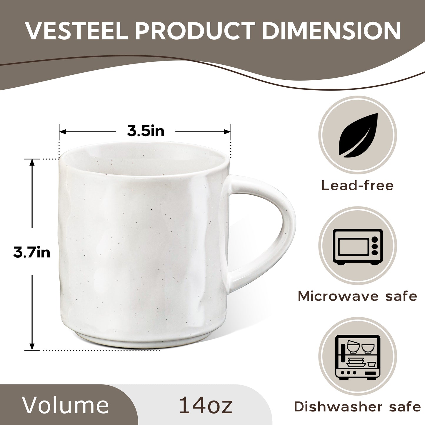 Vesteel Coffee Mugs Set of 4, 14oz Ceramic Coffee Cups with Handles for Men Women, Stoneware Mugs for Tea Latte, Housewarming Wedding Gifts, Speckled White