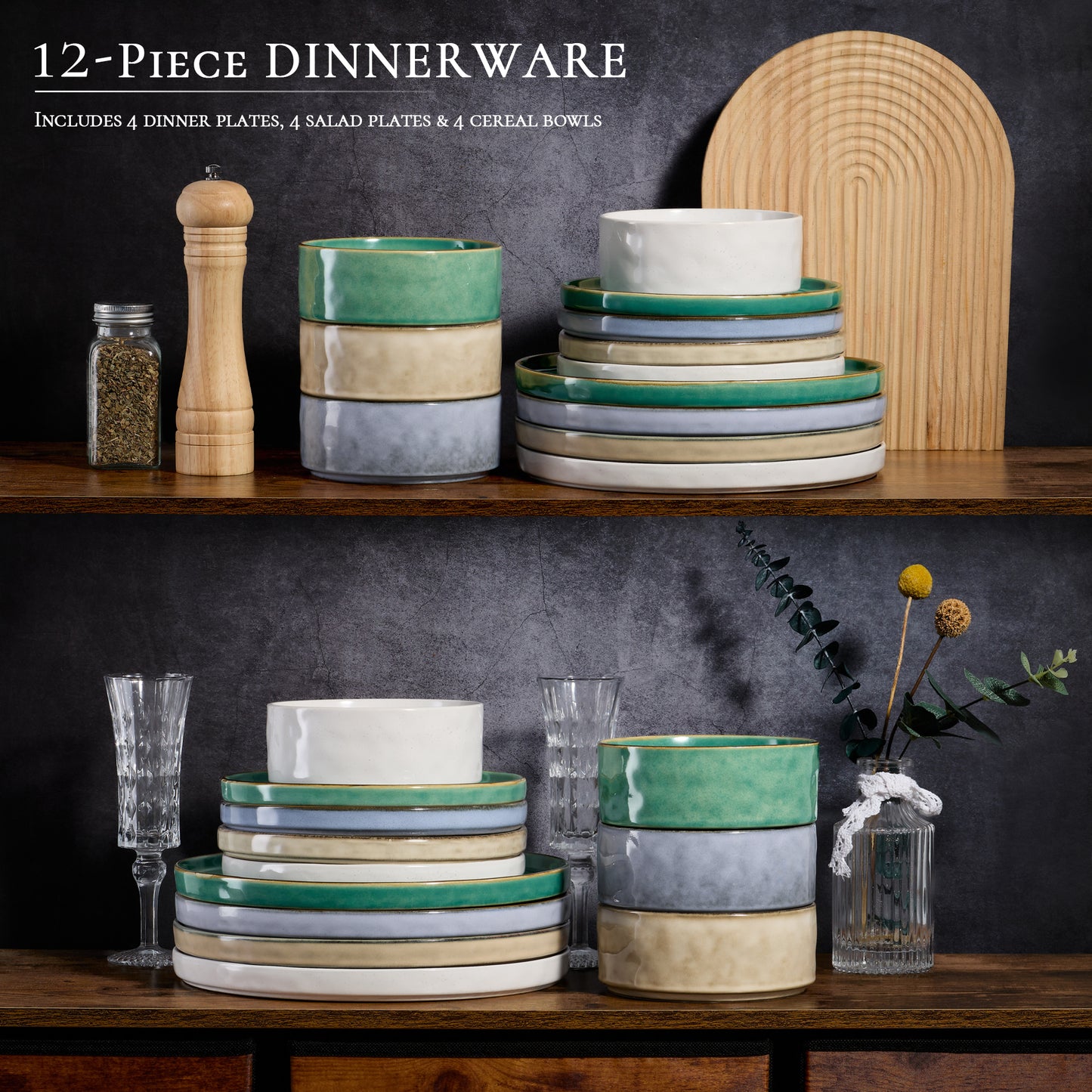 Vesteel Dinnerware Sets, 12-Piece Stoneware Plates and Bowls Set, Dishes Set for 4, Elegant Ceramic Dinnerware for Home Restaurant - Multi-color