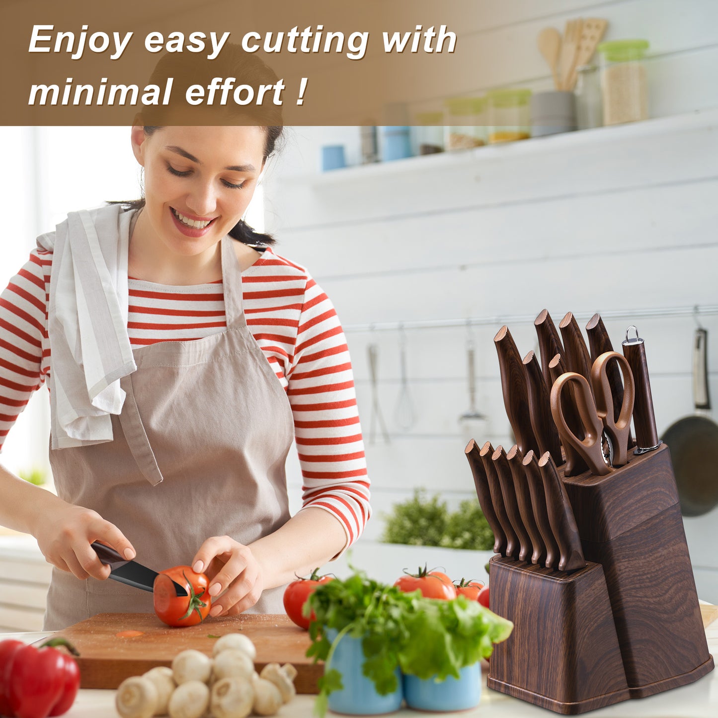 Vesteel Knife Set for Kitchen with Block, 15 Pcs Stainless Steel Kitchen Knives Set with Sharpener Kitchen Shears - Walnut Brown