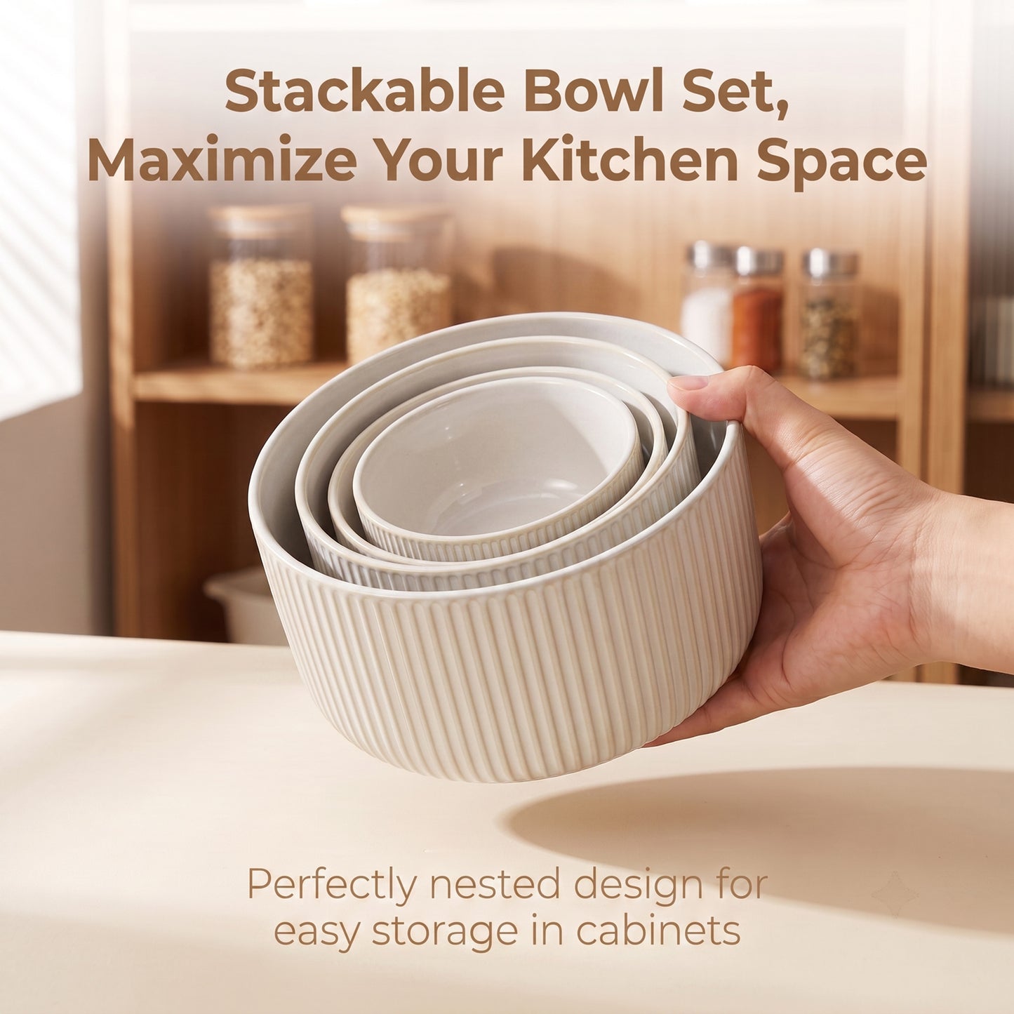 Onader 8-Piece Ceramic Bowls with Lid, Mixing Bowls Set of 4 for Kitchen Meal Prep Food Storage Leftover, Stoneware Serving Bowl for Cooking Baking, Seashell White