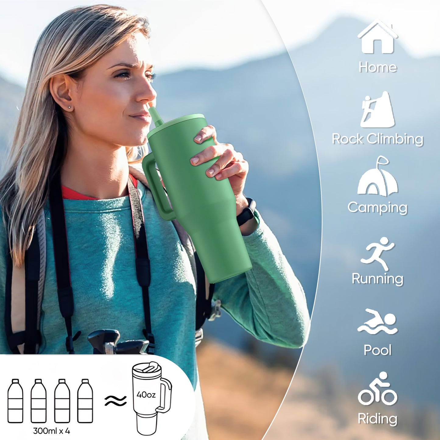 Vesteel 40 oz Stainless Steel Tumbler with Handle & Straw Lid, Vacuum Insulated Travel Mug, Leak Resistant Water Bottle for Water Ice Tea Coffee and Beverages, Gifts for Festival, Sage