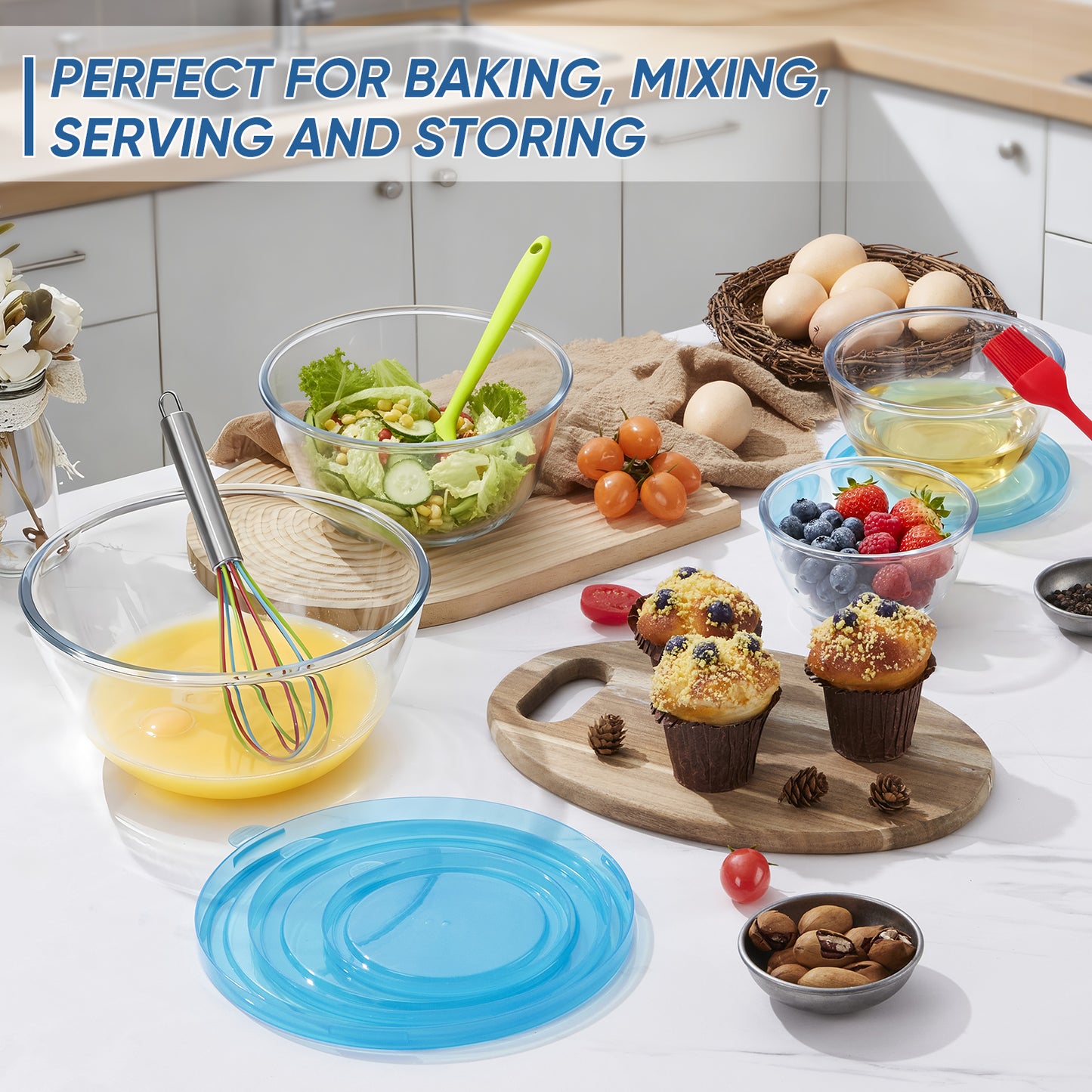 Vesteel Glass Mixing Bowls with Lids Set of 7(0.5QT, 0.8QT, 1.7QT, 2.9QT), Clear Salad Bowls with Egg Whisk Spatula Basting Brush, Nesting Food Prep Bowls for Baking Cooking Serving, Dishwasher Safe