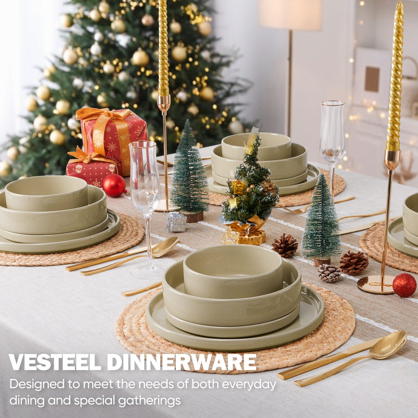 Vesteel 16 Pieces Dinnerware Sets, Premium Stoneware Dishes Set for 4, Speckled Plates and Bowls Set for Home Restaurant, Microwave and Dishwasher Safe - Khaki