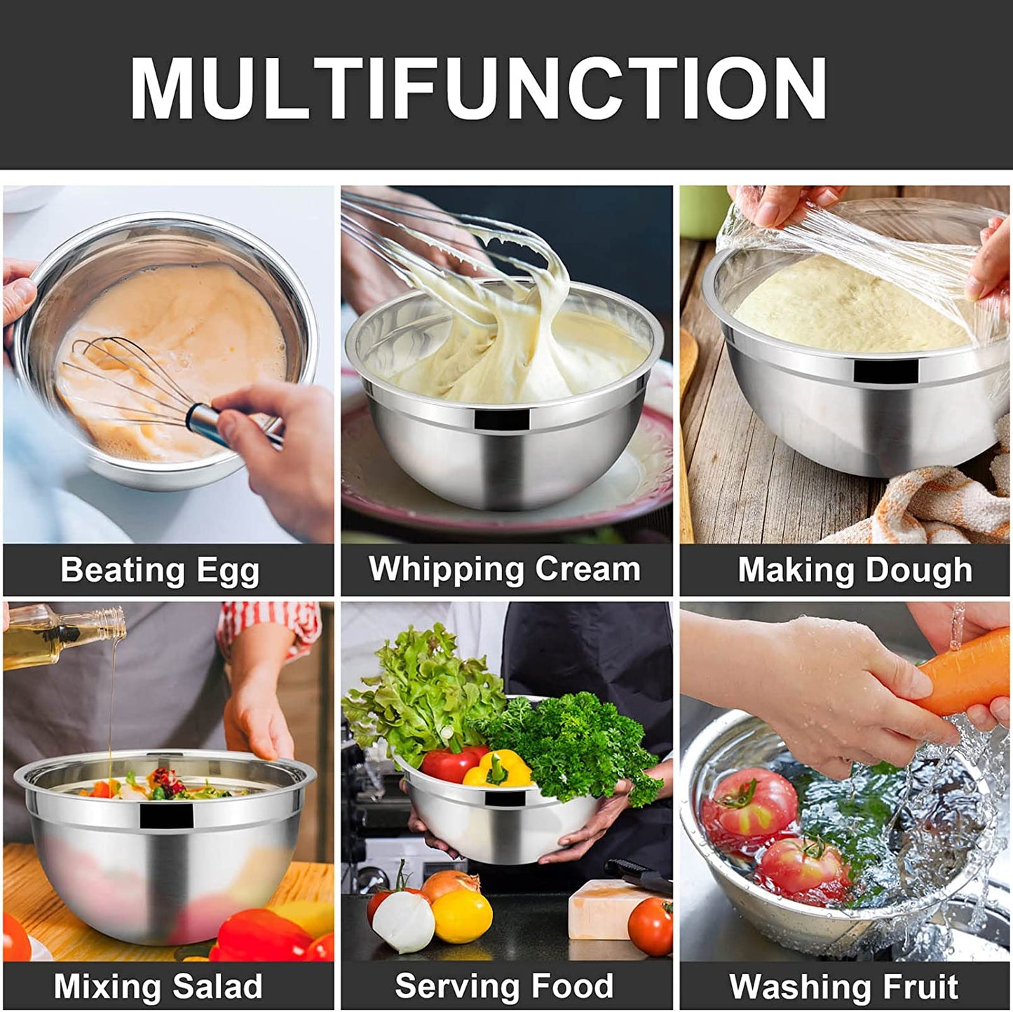 Vesteel 7 PCS Stainless Steel Mixing Bowls, Metal Nesting Salad Bowls with Lids, 4.5/3.5/3/2.5/1.5/1.2/0.7 QT - Black