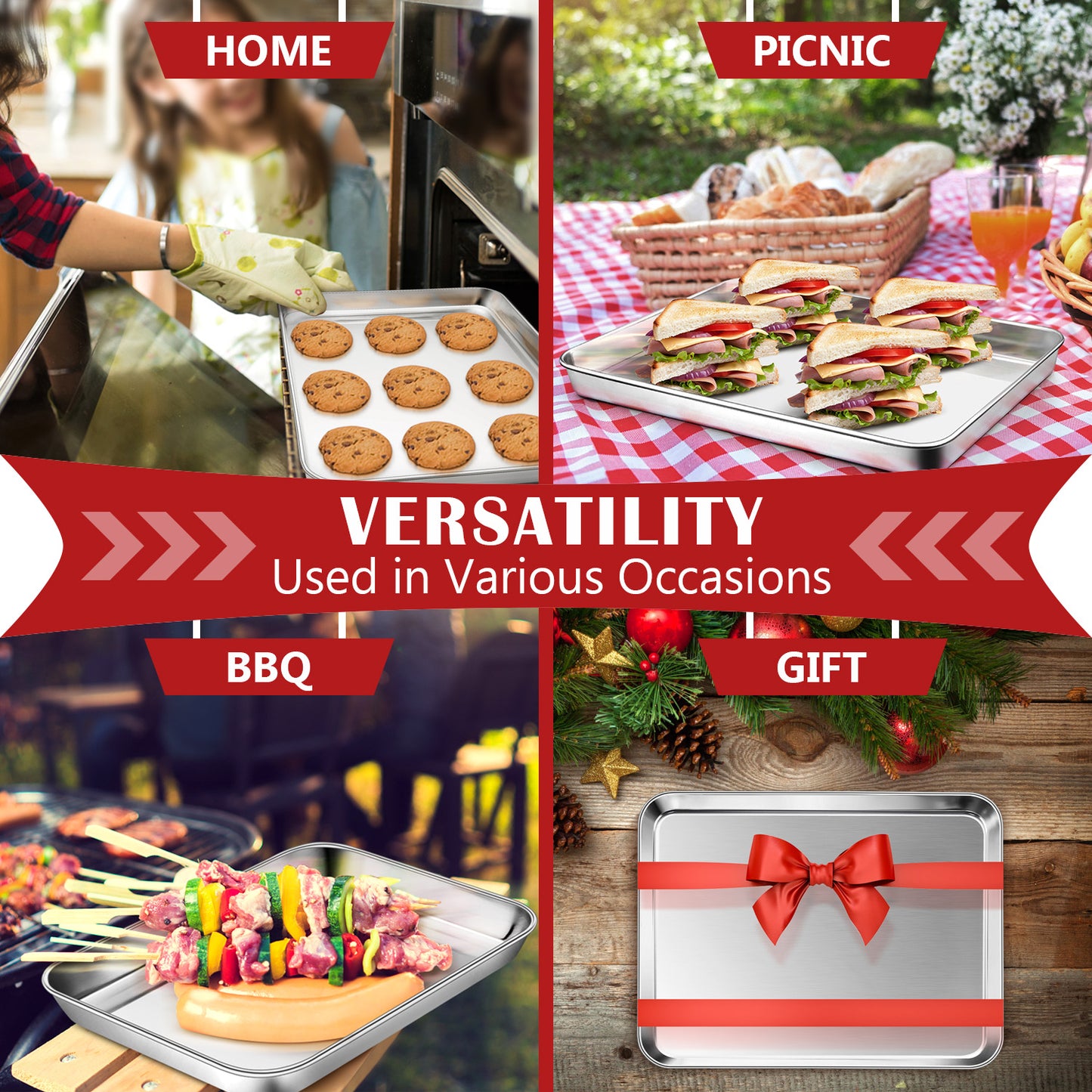 Vesteel Baking Cookie Sheet Set of 2, Stainless Steel Rectangle Baking Pan Oven Tray - 10 x 7.8 x 1 inches