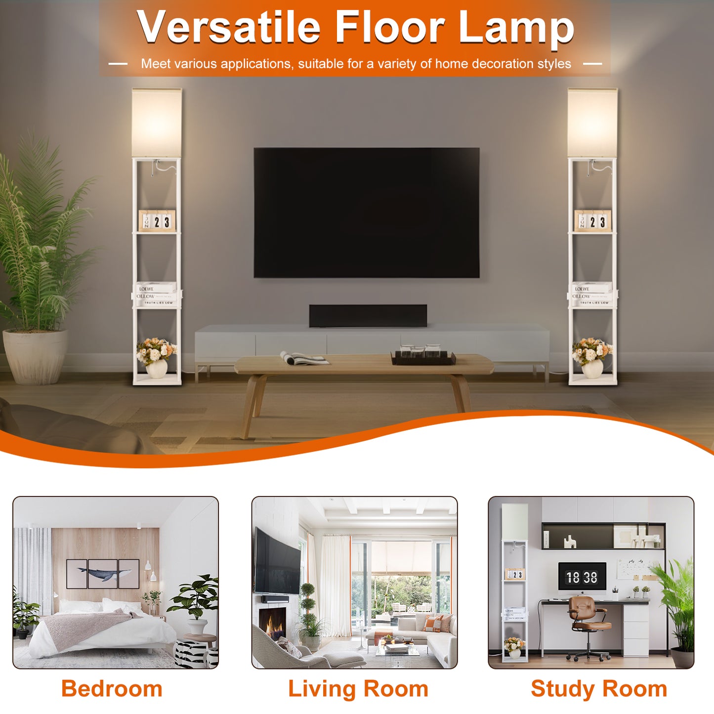 Vesteel Floor Lamp for Living Room, Standing Lamp with 3 Color Adjustable LED Bulb, Modern Square Lamp with 3-Tier Shelves for Bedroom Office Kid Room