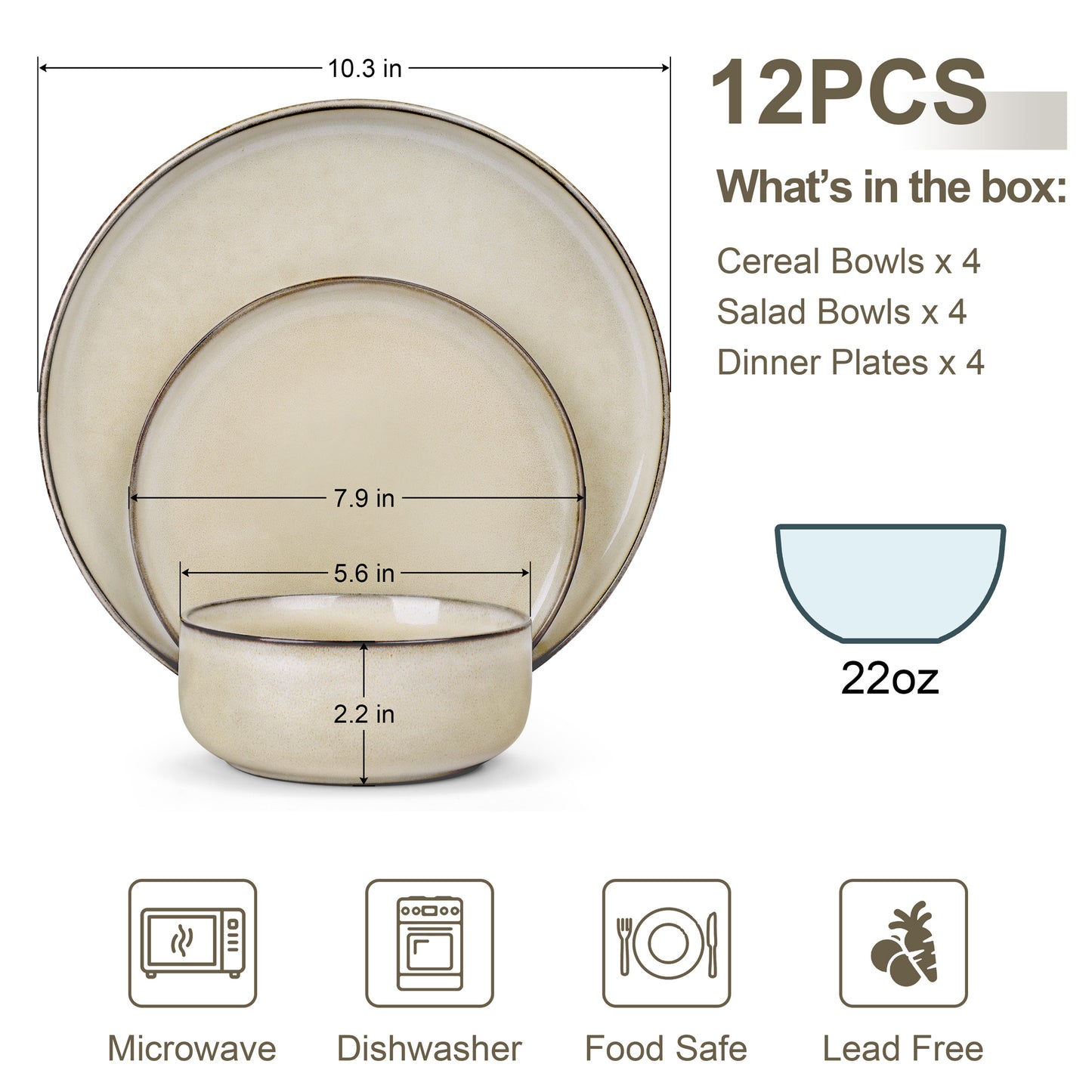 Vesteel Dinnerware Sets for 4, 12-Piece Stoneware Dish and Bowls Set, Handmade Reactive Glaze Coupe Plates Set for Family, Chip & Scratch Resistant - Khaki