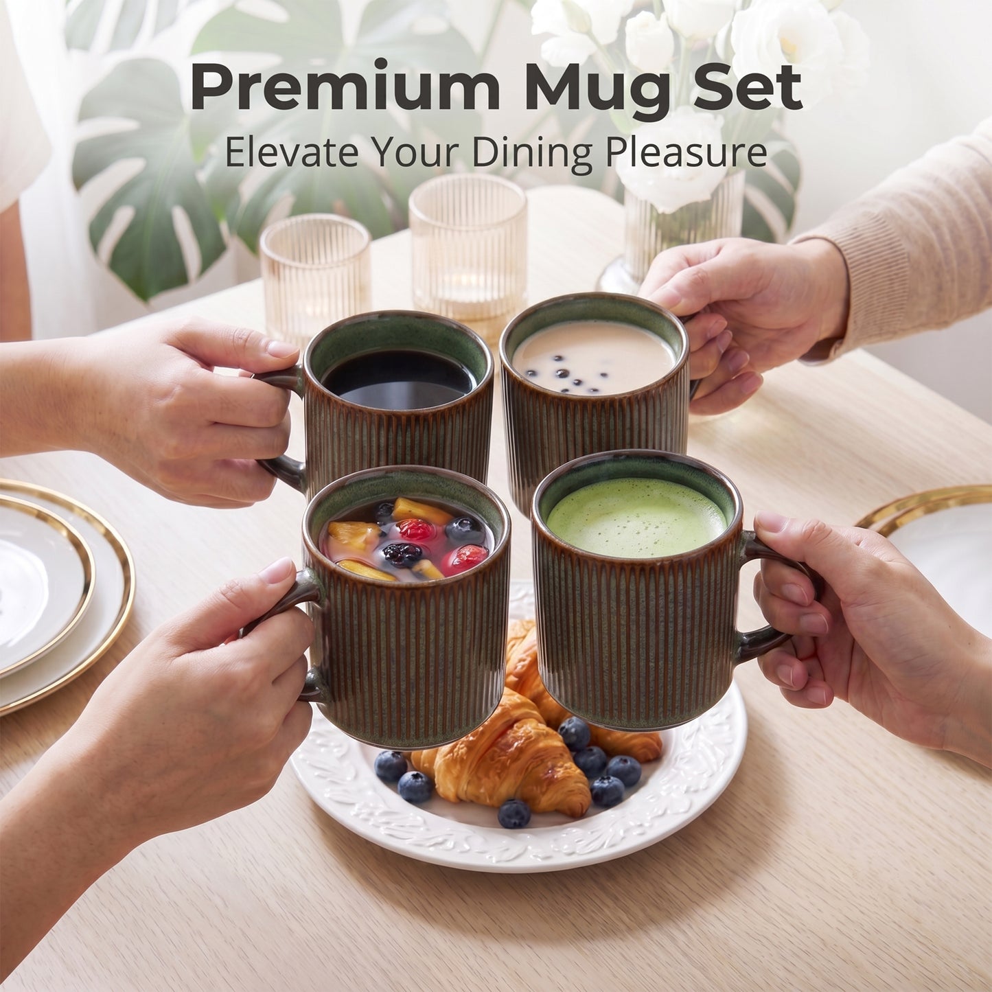 Onader 4-Pieces Coffee Mugs Set, Water Cups with Large Handle, 12 oz Ceramic Mugs Suitable for Tea Milk Latte, Stain-Resistant & Microwave Safe, Blackish Green