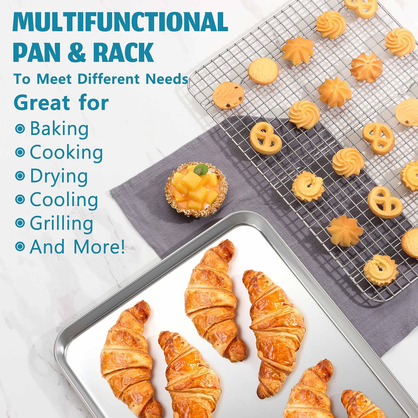 Vesteel Baking Sheet and Rack Set, Stainless Steel Extra Large Rectangle Baking Cookie Sheet Oven Tray and Cooling Grid Rack - 17.7" x 13" x 1"