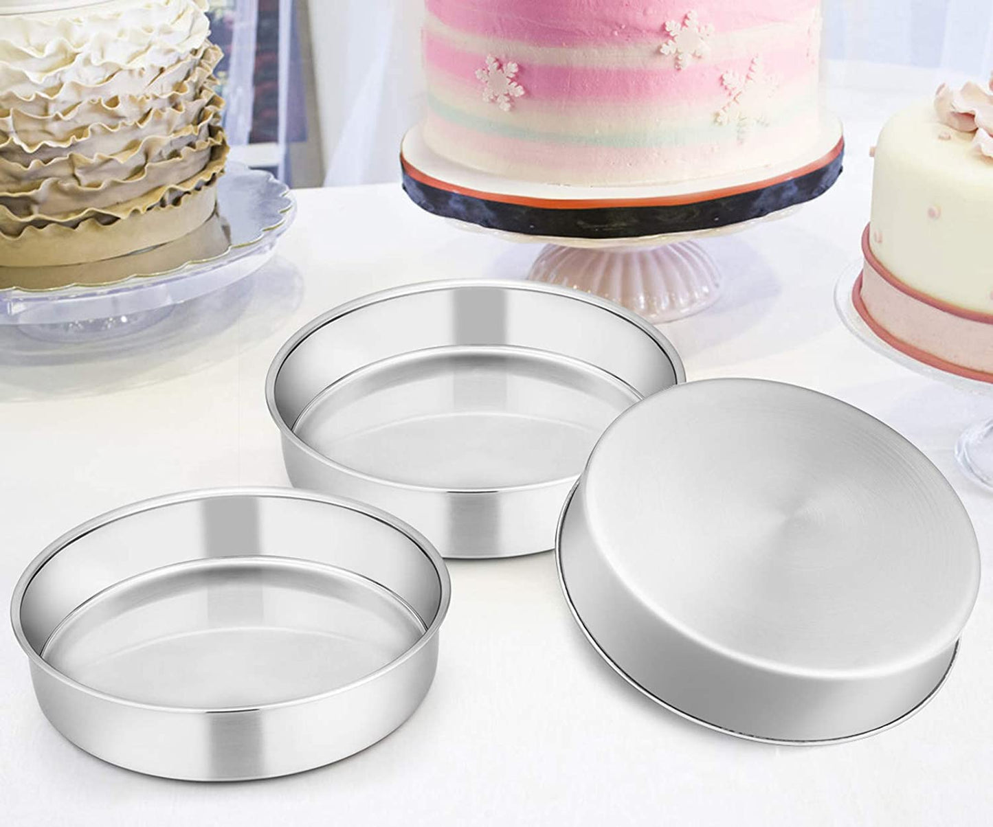 Vesteel 10 inch Cake Pan Set of 3, Stainless Steel Round Layer Cake Baking Pans Birthday Cake Pan, Mirror Finish & Dishwasher Safe