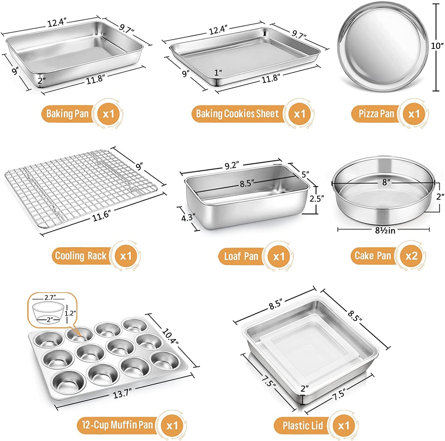 10 Piece Baking Pans Set, Vesteel Stainless Steel Bakeware Set for Oven, Include Cake Pan/Baking Cookie Sheet/Pizza/Muffin/Loaf Pan, Non-Toxic & Heavy Duty, Dishwasher Safe