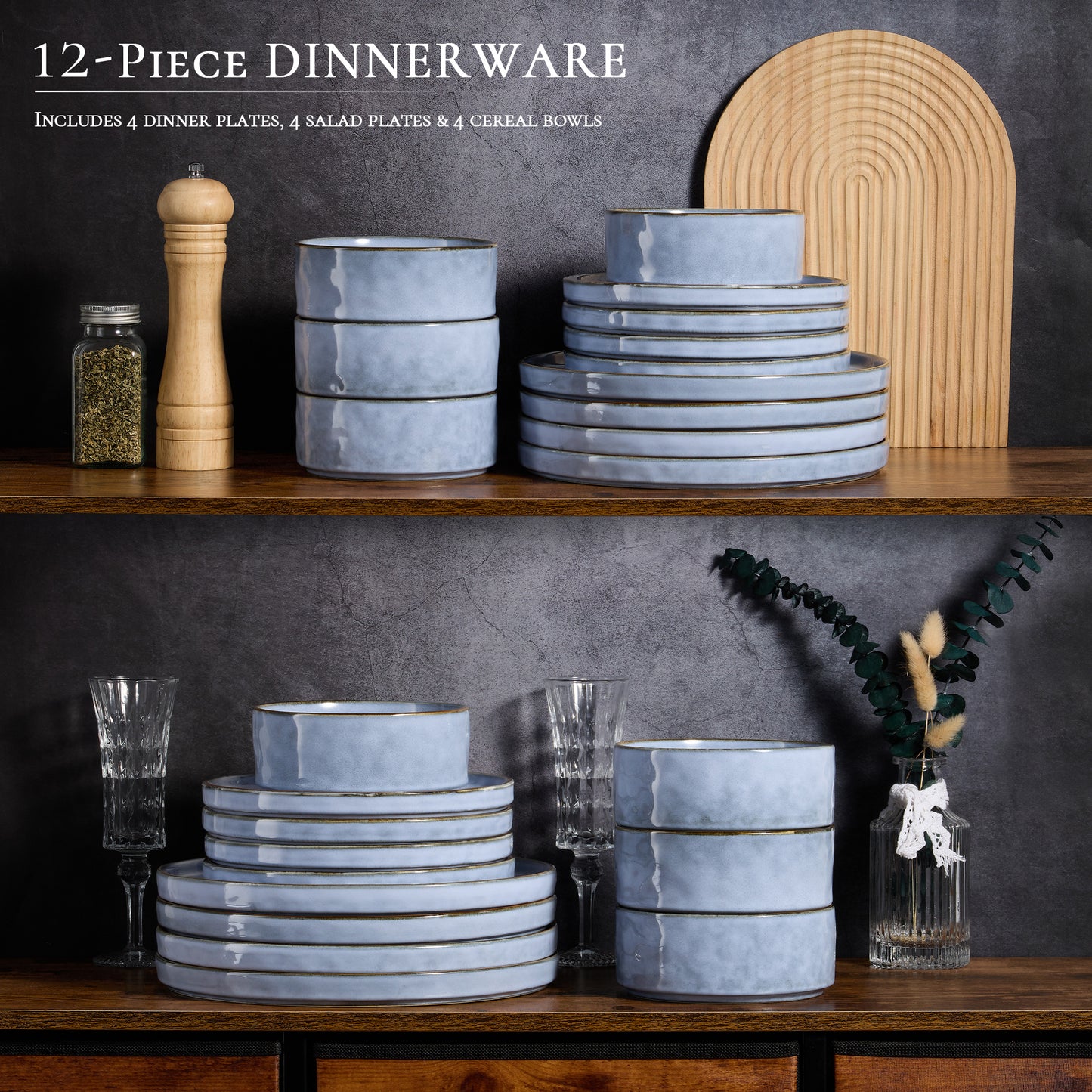 Vesteel Dinnerware Sets, 12-Piece Stoneware Plates and Bowls Set, Dishes Set for 4, Elegant Ceramic Dinnerware for Home Restaurant - Uranus Blue