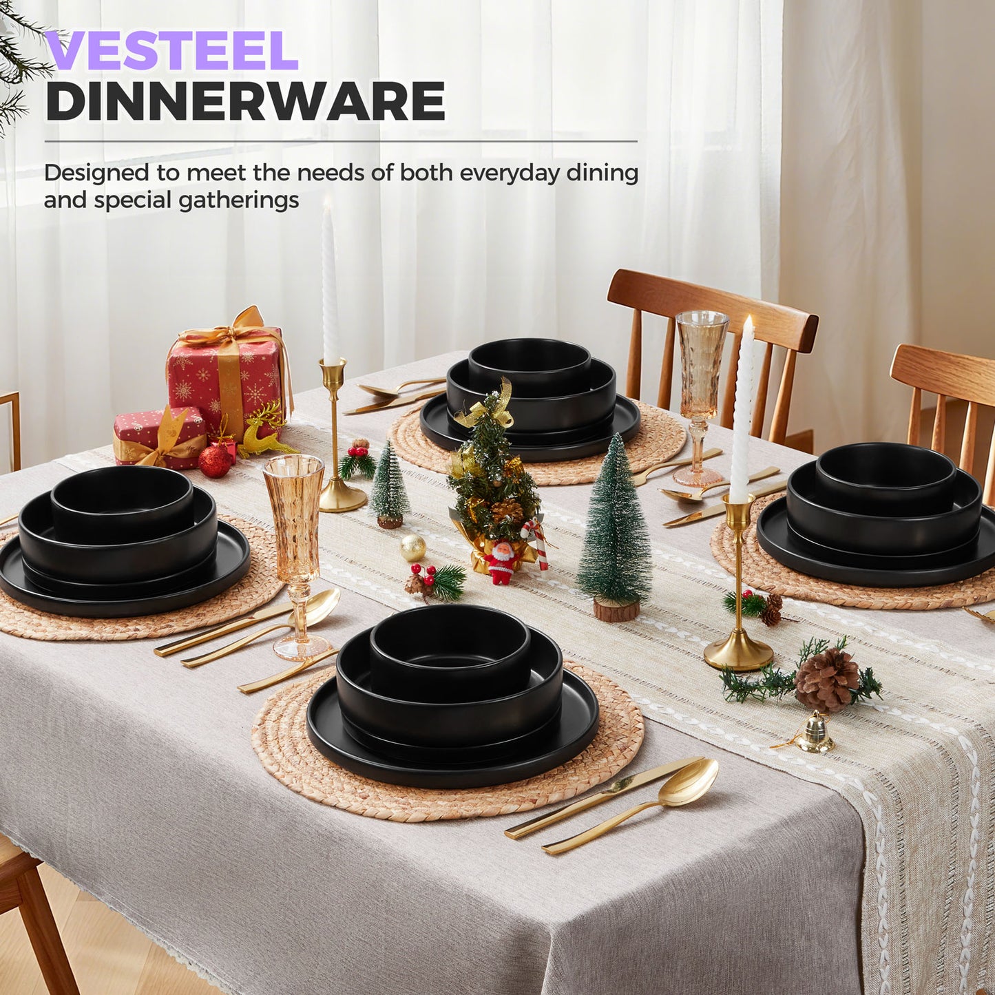 Vesteel 16 Pieces Dinnerware Sets, Premium Stoneware Dishes Set for 4, Speckled Plates and Bowls Set for Home Restaurant, Microwave and Dishwasher Safe - Matte Black
