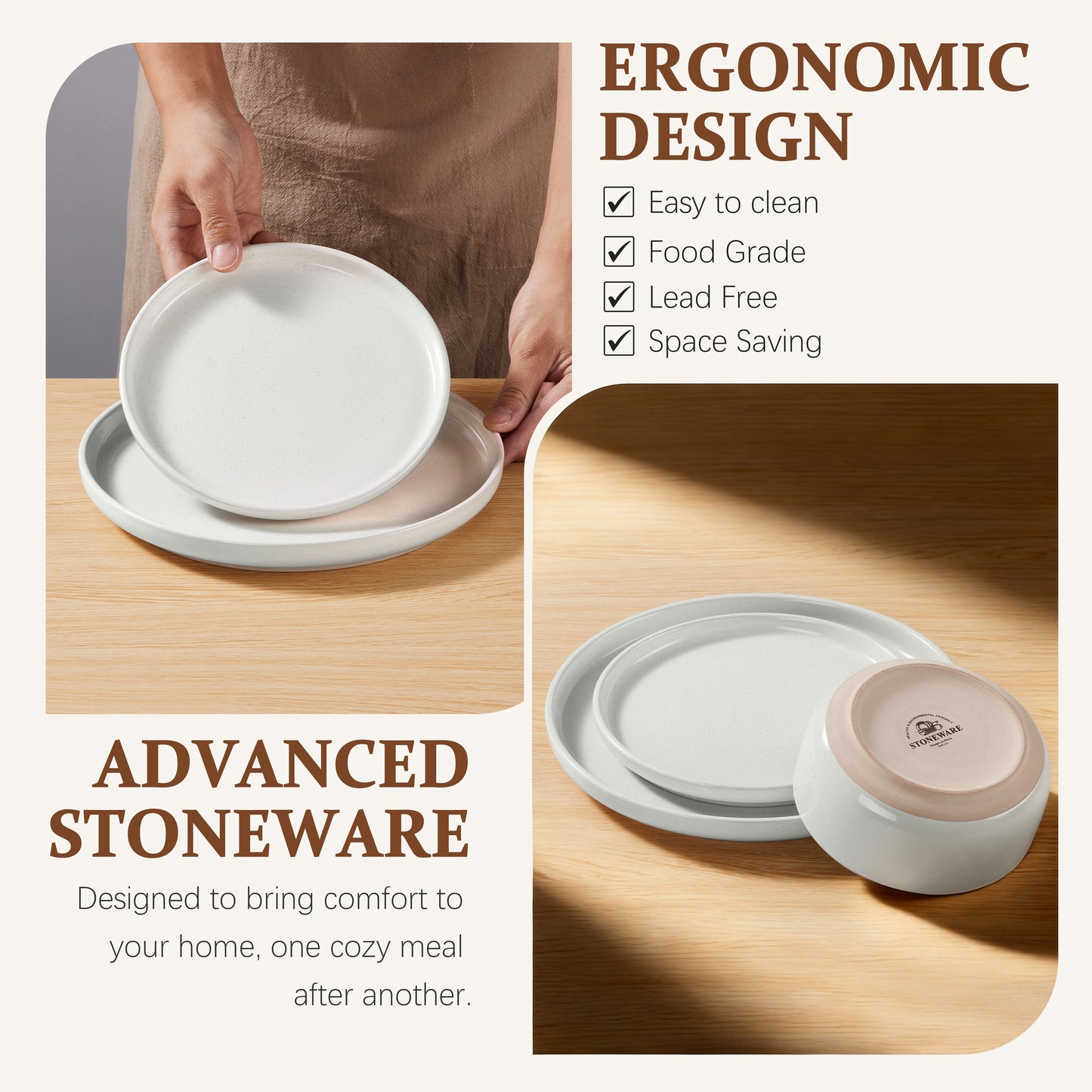 Vesteel Stoneware Dinnerware Sets for 2, 6 Pieces Ceramic Plates and Bowls Sets, Elegant Dishes with Rustic Terracotta Base, Dishwasher & Microwave Safe, Scratch Resistant, Speckled White