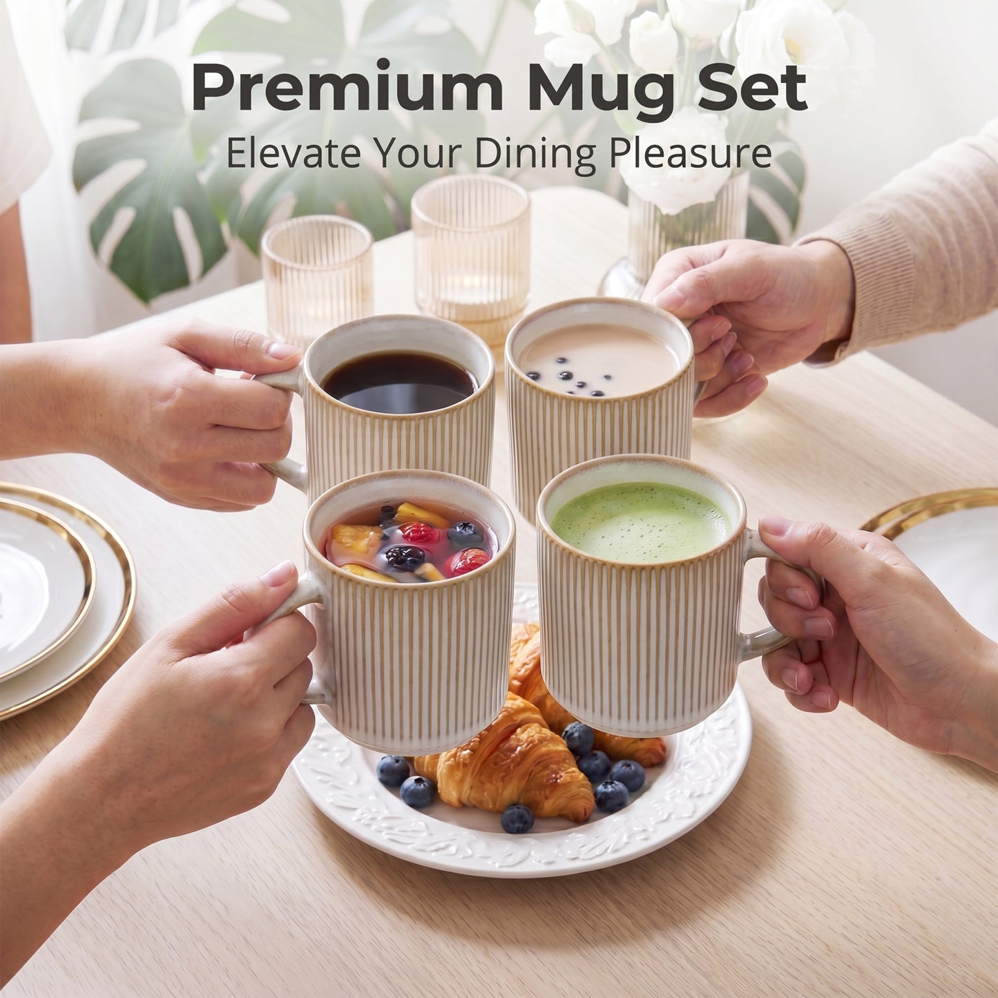 Onader 4-Pieces Coffee Mugs Set, Water Cups with Large Handle, 12 oz Ceramic Mugs Suitable for Tea Milk Latte, Stain-Resistant & Microwave Safe, Beige