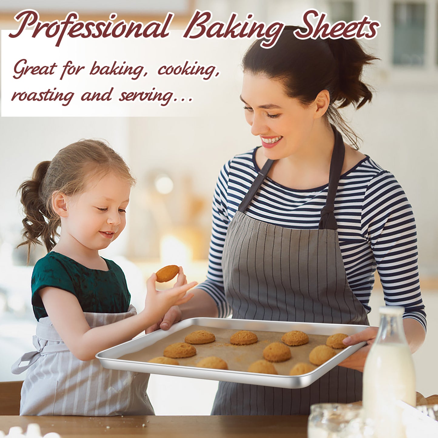 VeSteel Baking Cookie Sheet Set of 2, 17.7 x 13 x 1 inches Stainless Steel Rectangle Baking Pan Oven Tray, Dishwasher Safe