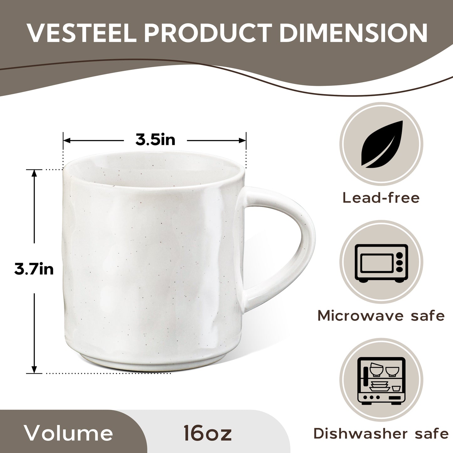 Vesteel Coffee Mugs Set of 4, 16oz Ceramic Coffee Cups with Handle for Men Women, Stoneware Mugs for Tea Latte, Housewarming Wedding Gifts, Speckled White