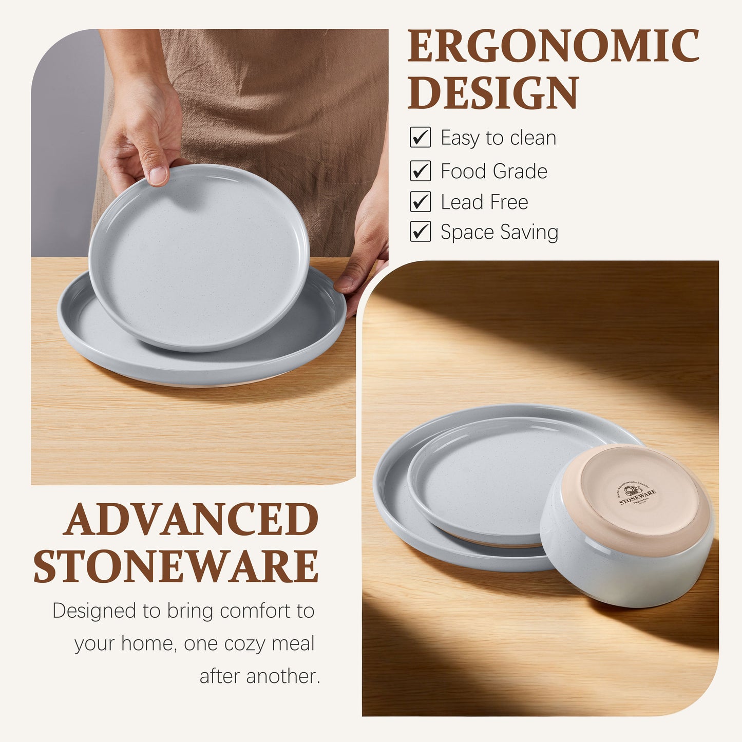 Vesteel Stoneware Dinnerware Sets for 2, 6 Pieces Ceramic Plates and Bowls Sets, Elegant Dishes with Rustic Terracotta Base, Dishwasher & Microwave Safe, Scratch Resistant, Light Gray