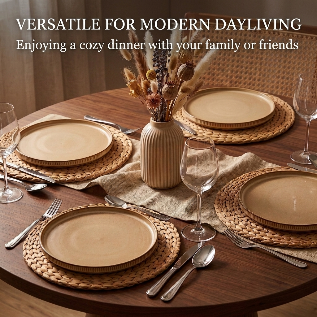 Vesteel Salad Plate for 4, 8 inch Stoneware Dinner plates with Textured Stripes, 4-Piece Ceramic Kitchen Plates for Dessert Salad, Dishwasher Safe & Microwave Safe, Khaki