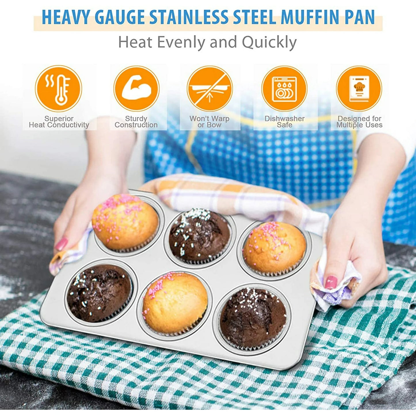 VeSteel Stainless Steel Muffin Pan Set of 2, Metal Cupcake Pan Tray for Baking, Non-Toxic, Dishwasher Safe - 6-Cup