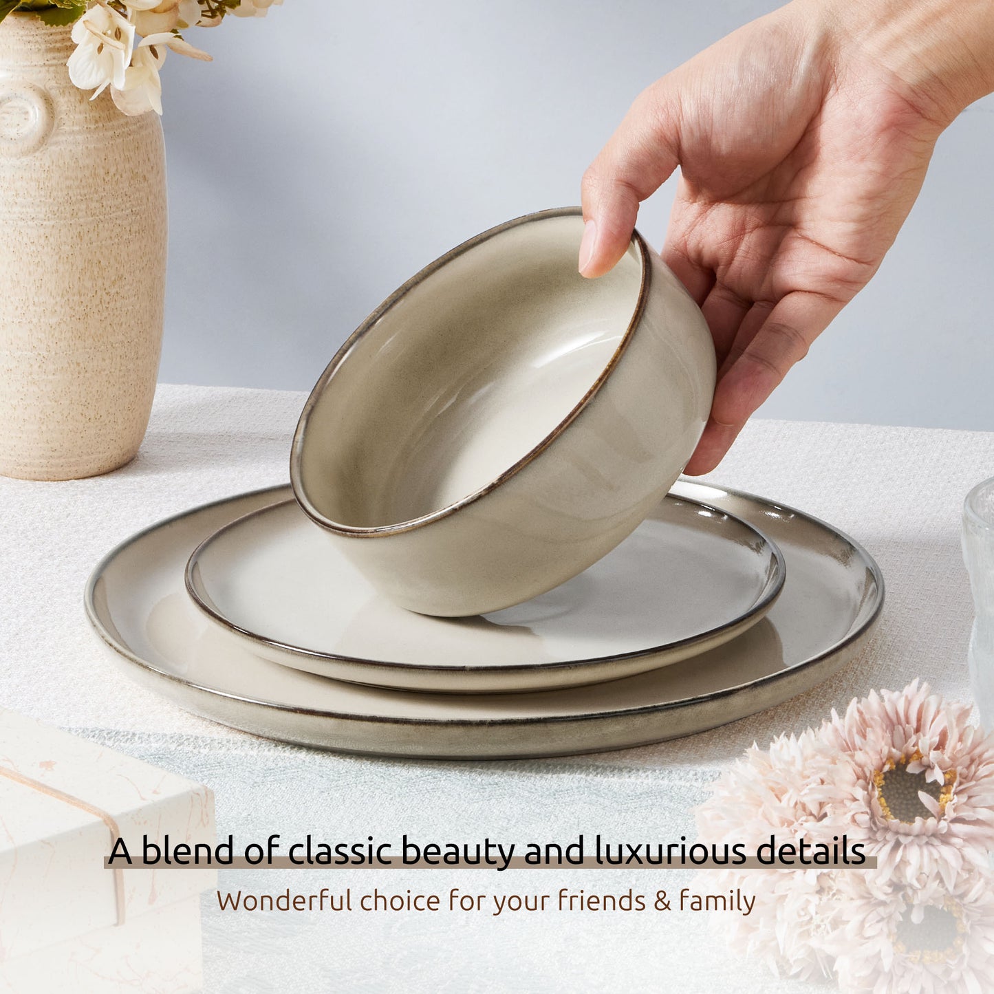 Onader 12 Piece Dinnerware Sets, Plates and Bowls Set for 4, Handmade Stoneware Dishes Sets for Home Restaurant, Dishwasher & Microwave Safe - Khaki