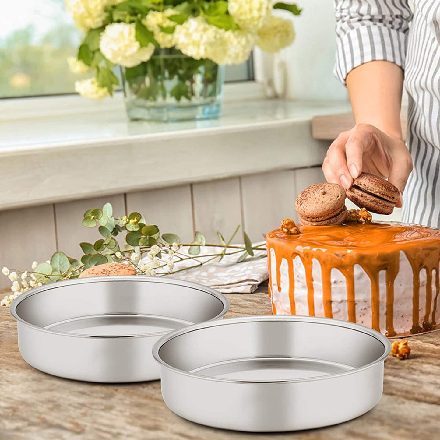 Vesteel 8 inch Cake Pan Set of 2, Stainless Steel Round Layer Cake Baking Pans, Non-Toxic & Healthy, Mirror Finish & Dishwasher Safe