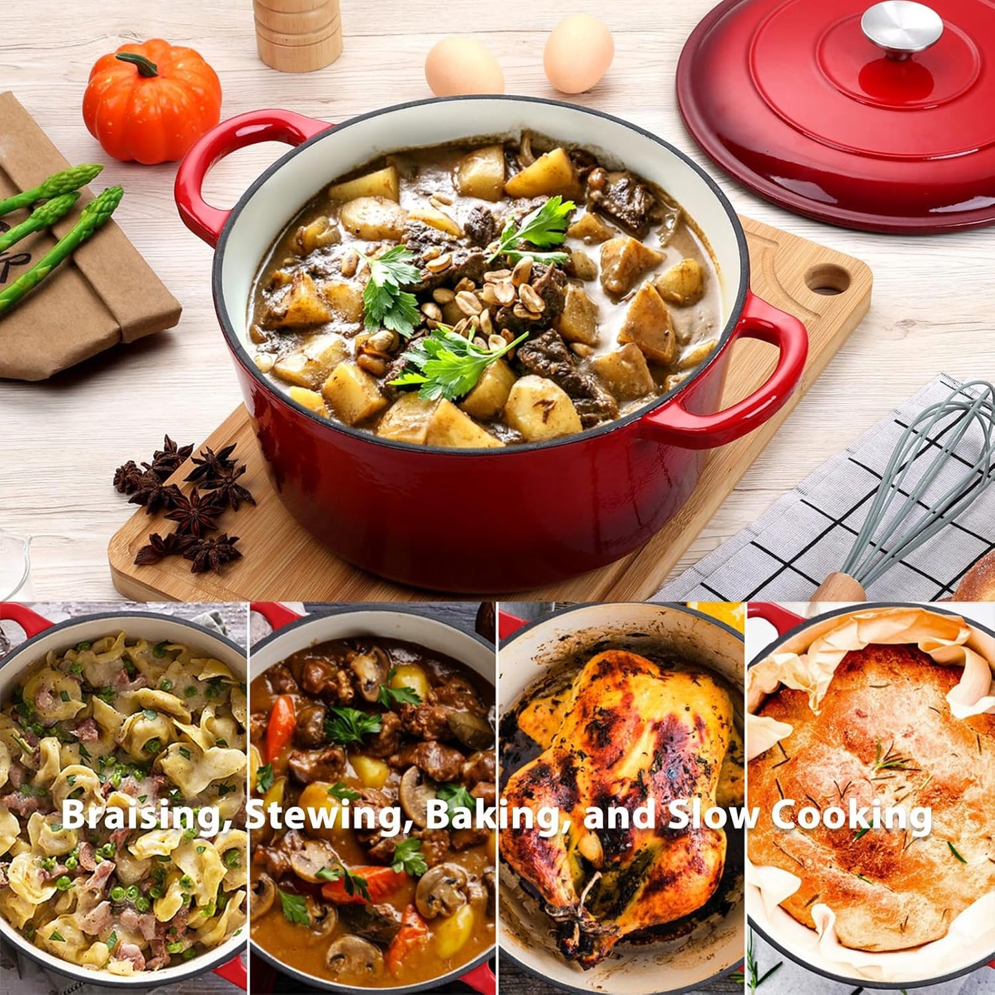 Vesteel Enameled Cast Iron Dutch Oven with Lid, 6 Quart Round Dutch Oven Pot Nonstick Cookware for Braising, Stews, Roasting, Bread Baking, Cooking, Heavy Duty, Induction & Oven Safe - Red