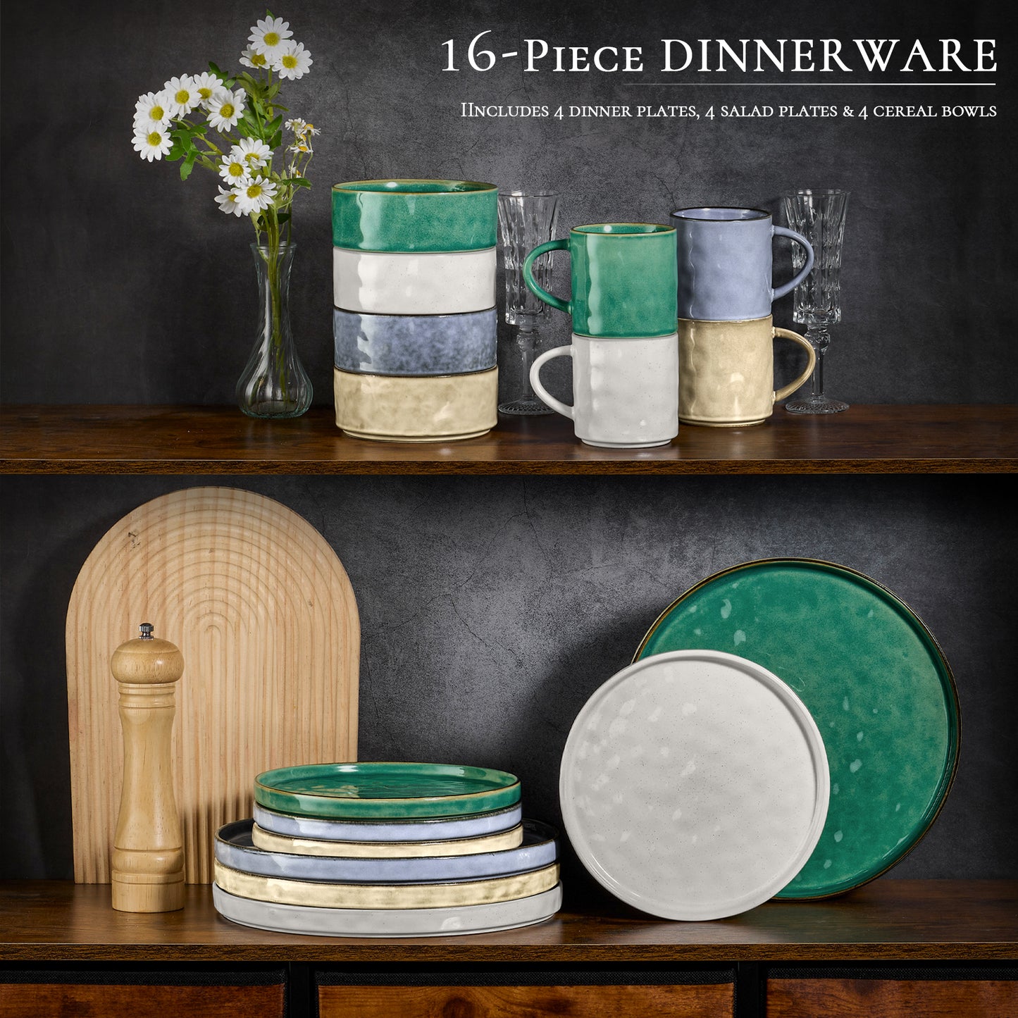 Vesteel 16-Piece Dinnerware Sets, Stoneware Dish and Bowls Set for 4, Handmade Reactive Glaze Coupe Plates Set, Chip & Scratch Resistant - Multi-Color