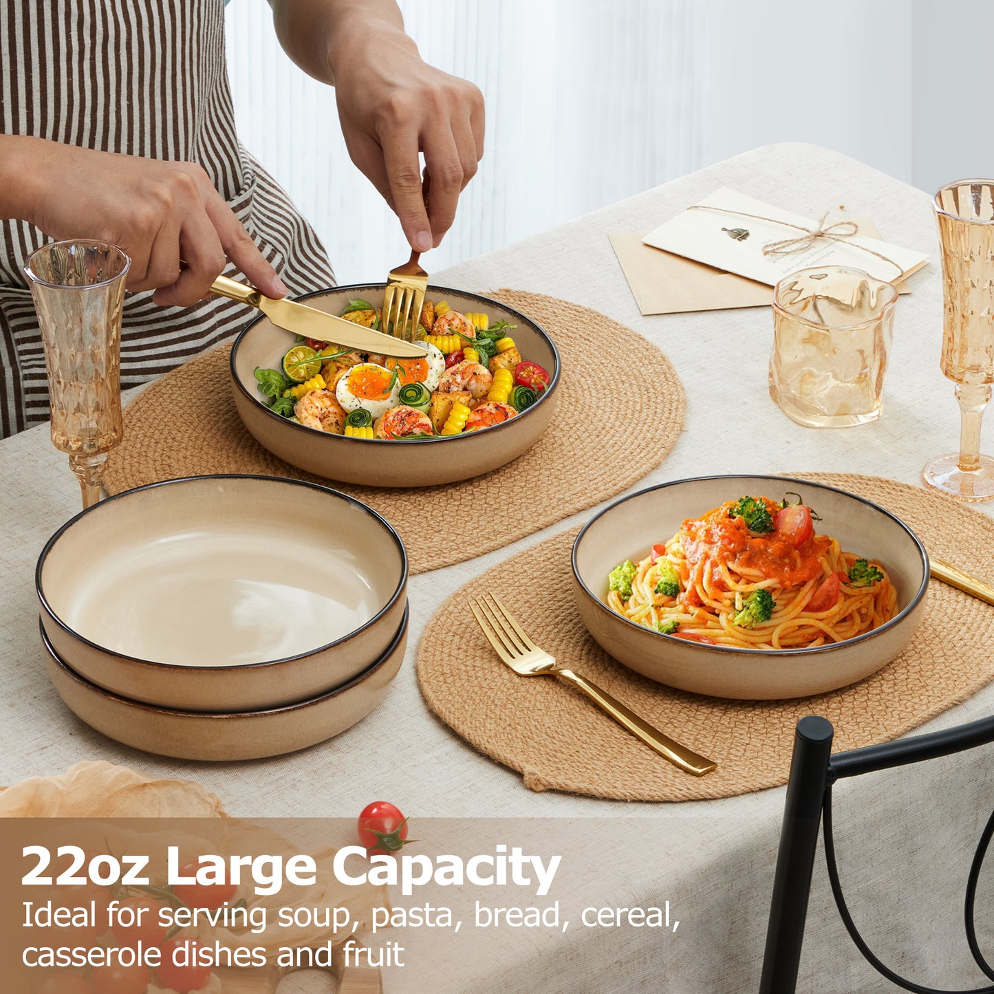Vesteel Pasta Bowl Set of 4, 22oz Stoneware Salad Pasta Serving Bowls for Soup Dinner Cereal, Microwave & Dishwasher Safe, Khaki