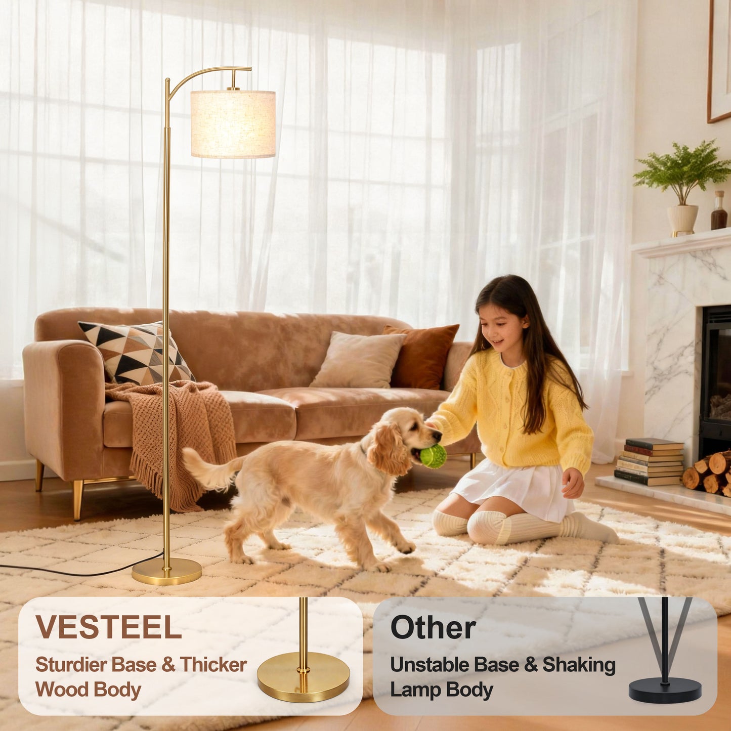 Vesteel Floor Lamp, Standing Lamp with 3 Color Temperatures & Linen Lampshade, Arch Farmhouse Lamp for Living Room Bedroom Office