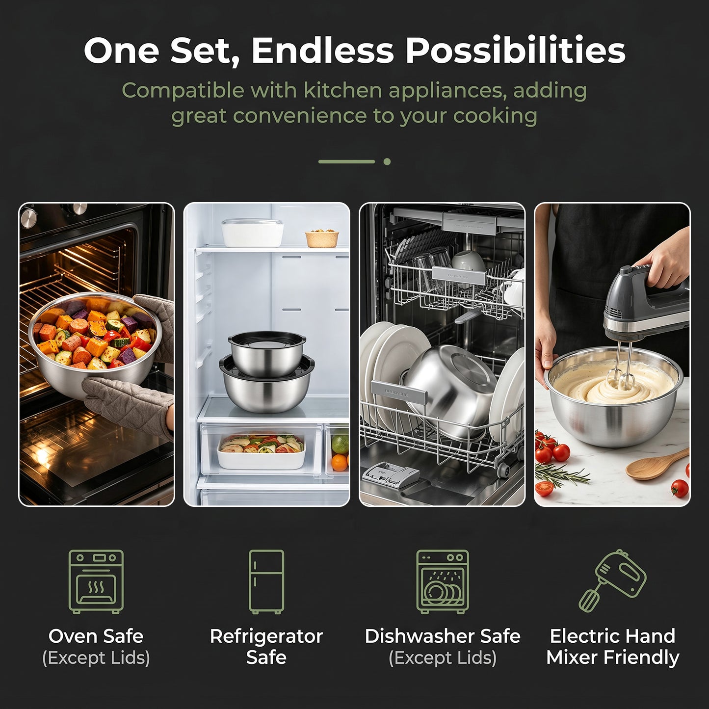 Vesteel Stainless Steel Mixing Bowls, 5 Piece Metal Nesting Bowls with Airtight Lids, Stackable Salad Bowls for Baking, Prepping & Serving, Dishwasher Safe, 5/3/1.7/1.2/0.8 QT, Black